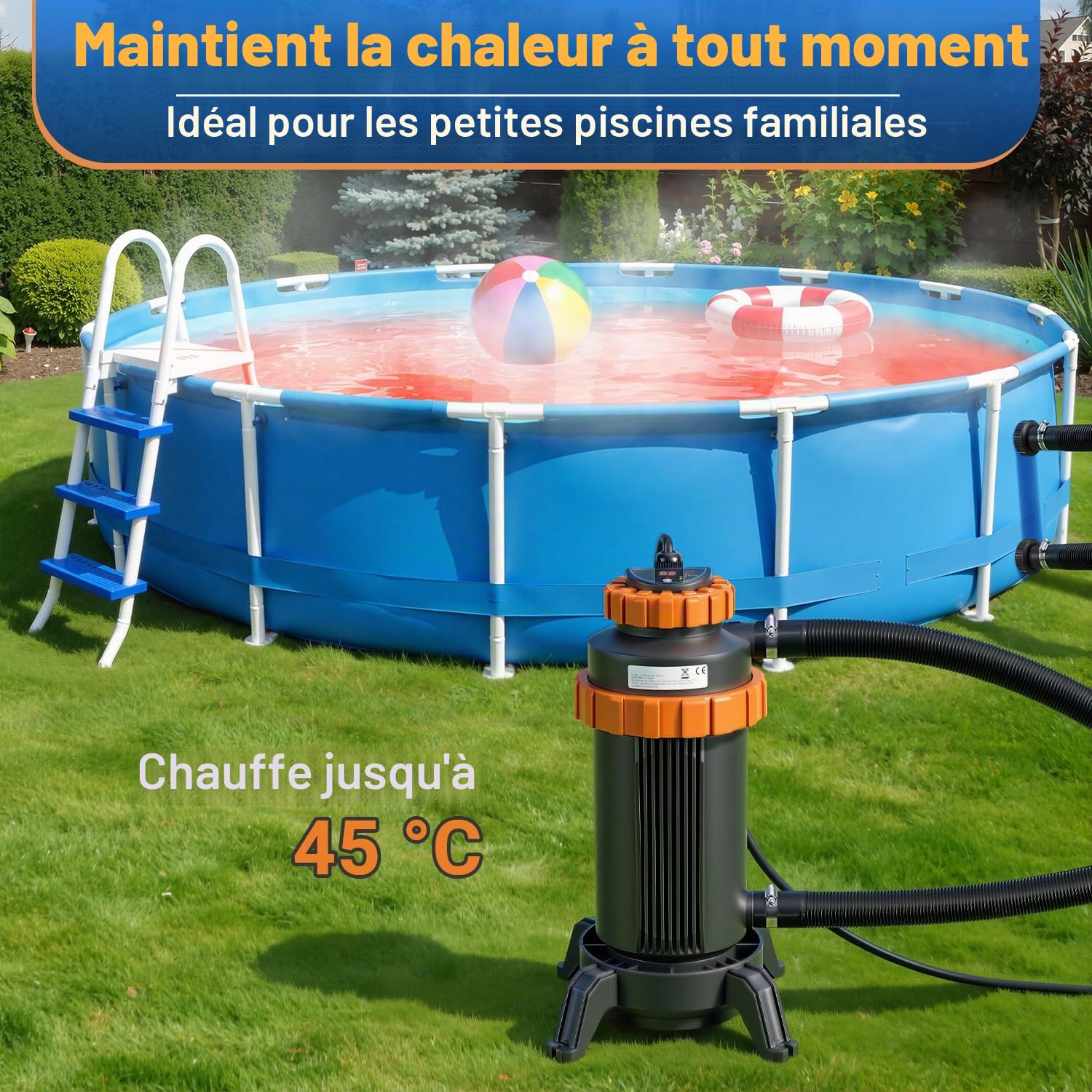 Daromigo Chauffage électrique de piscine 3 kW, Ø 17 x 42 cm, chauffage de piscine électrique, avec numérique, protection contre les fuites, anti-basculement, ignifuge, chauffage jusqu'à 45 °C