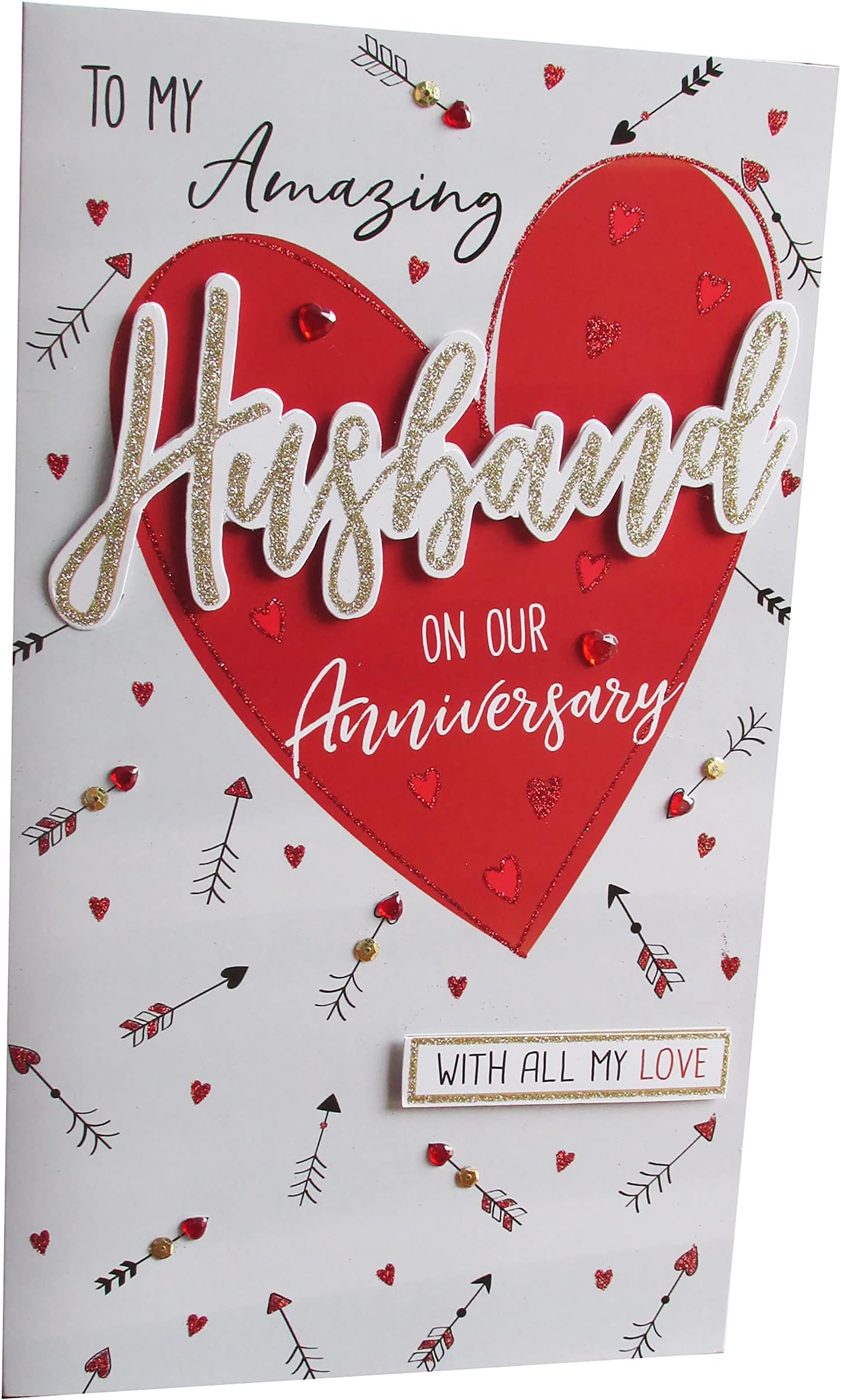 Anniversary Greetings Card for Husband Large Card 29.5 x 17 Cm (11.6 x 6.7 inches) Hearts Glitter to My Amazing Husband with All My Love