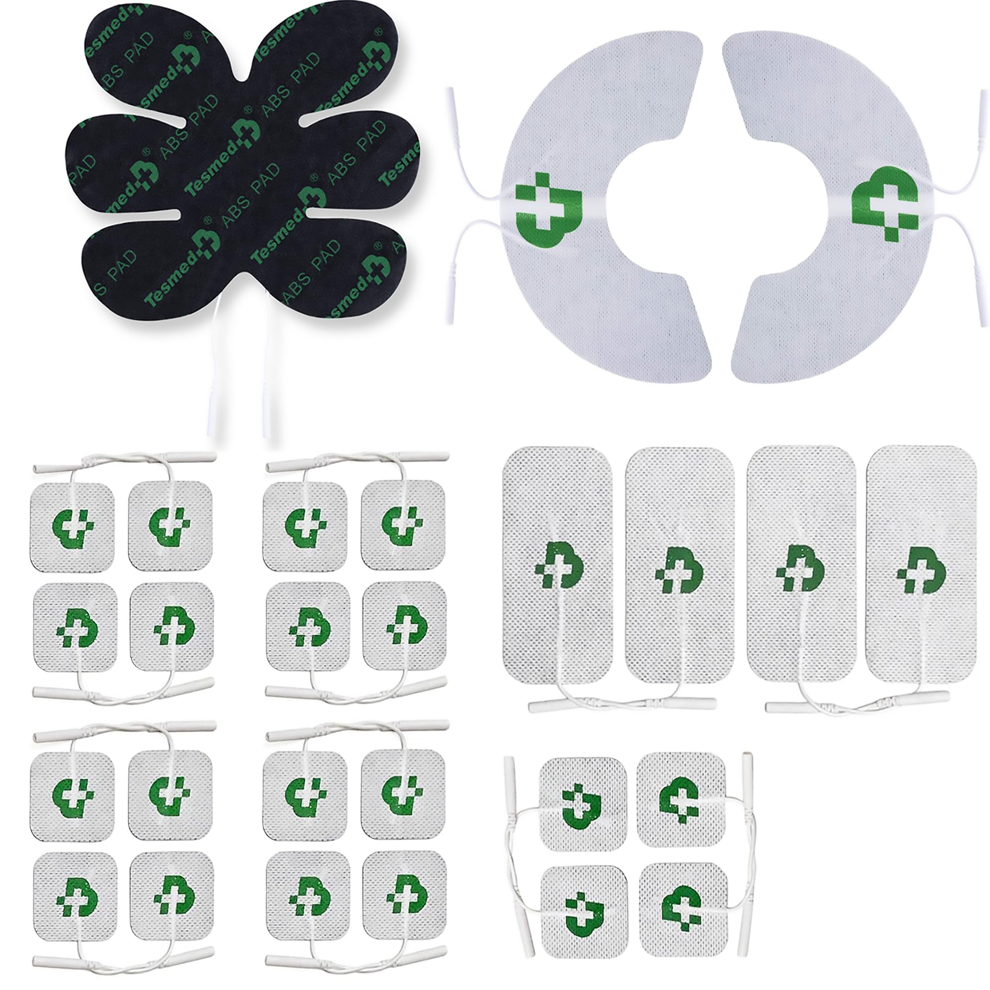 TESMED Top Equipment: Set mit 27 Elektroden (20 x 50x50 mm, 4 x 50x100 mm, 1 ABS-Pad und 2 Knee-Pads) – Kompatibel mit Elektrostimulationsgeräten mit 2-mm-Steckanschluss