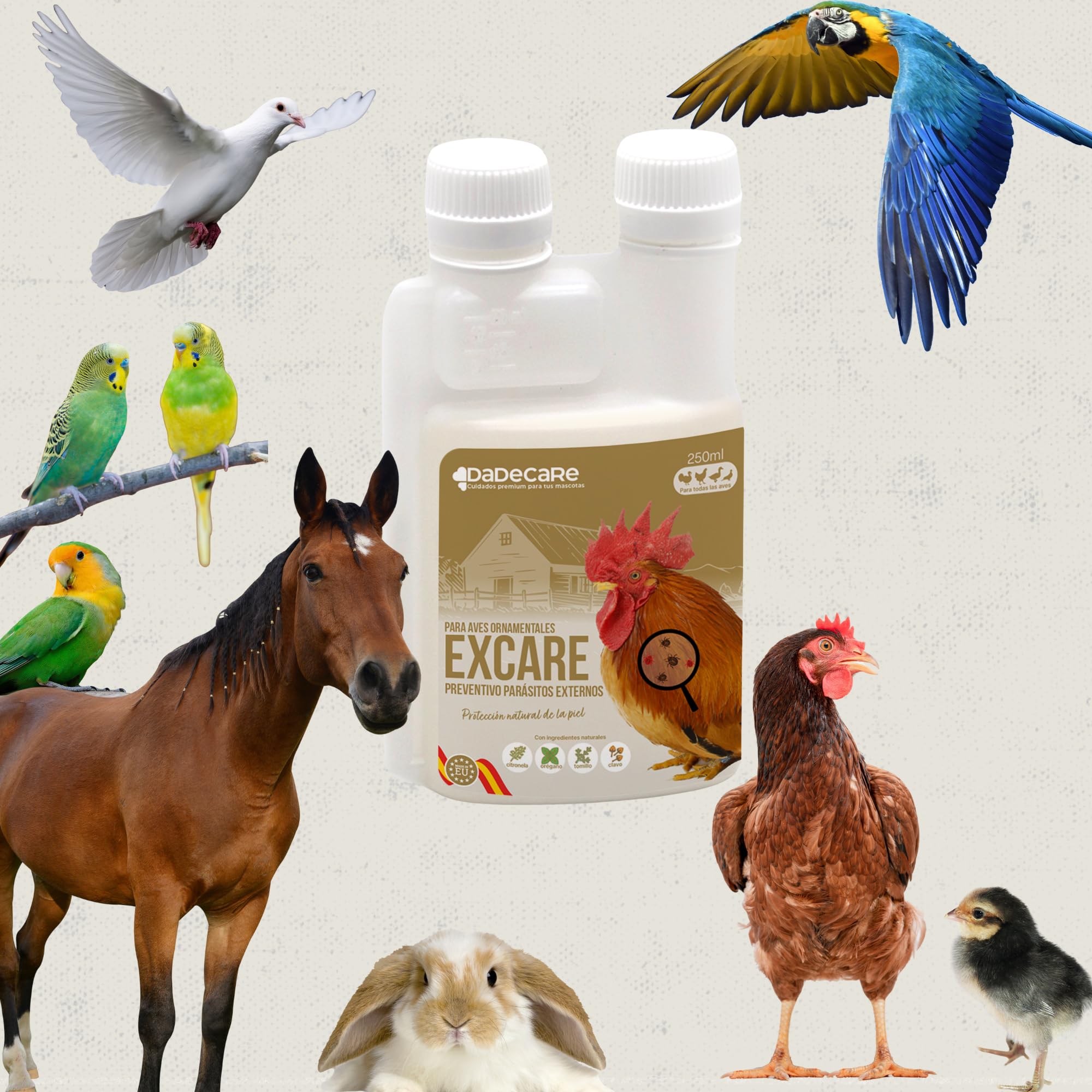 Preventivo Parasitos Natural 250 ml - Gallinas, Aves de Corral y Exóticas - Extracto de Citronela y Clavo - Fórmula Natural - Excare