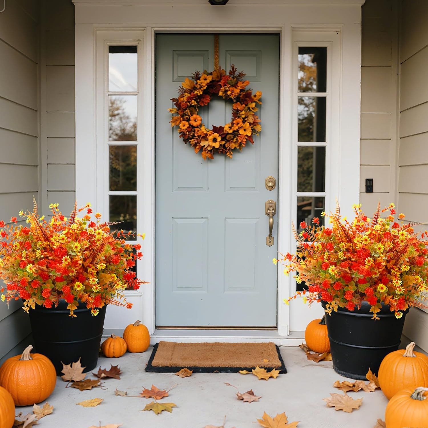 Roberly Artificial Fall Flowers for Outdoors Decoration, 12 Bundles Fake Mums Faux Orange Flowers Boston Fern Eucalyptus Plastic Plants for Garden Porch Autumn Thanksgiving Home Decor, Mixed Color - Image 6