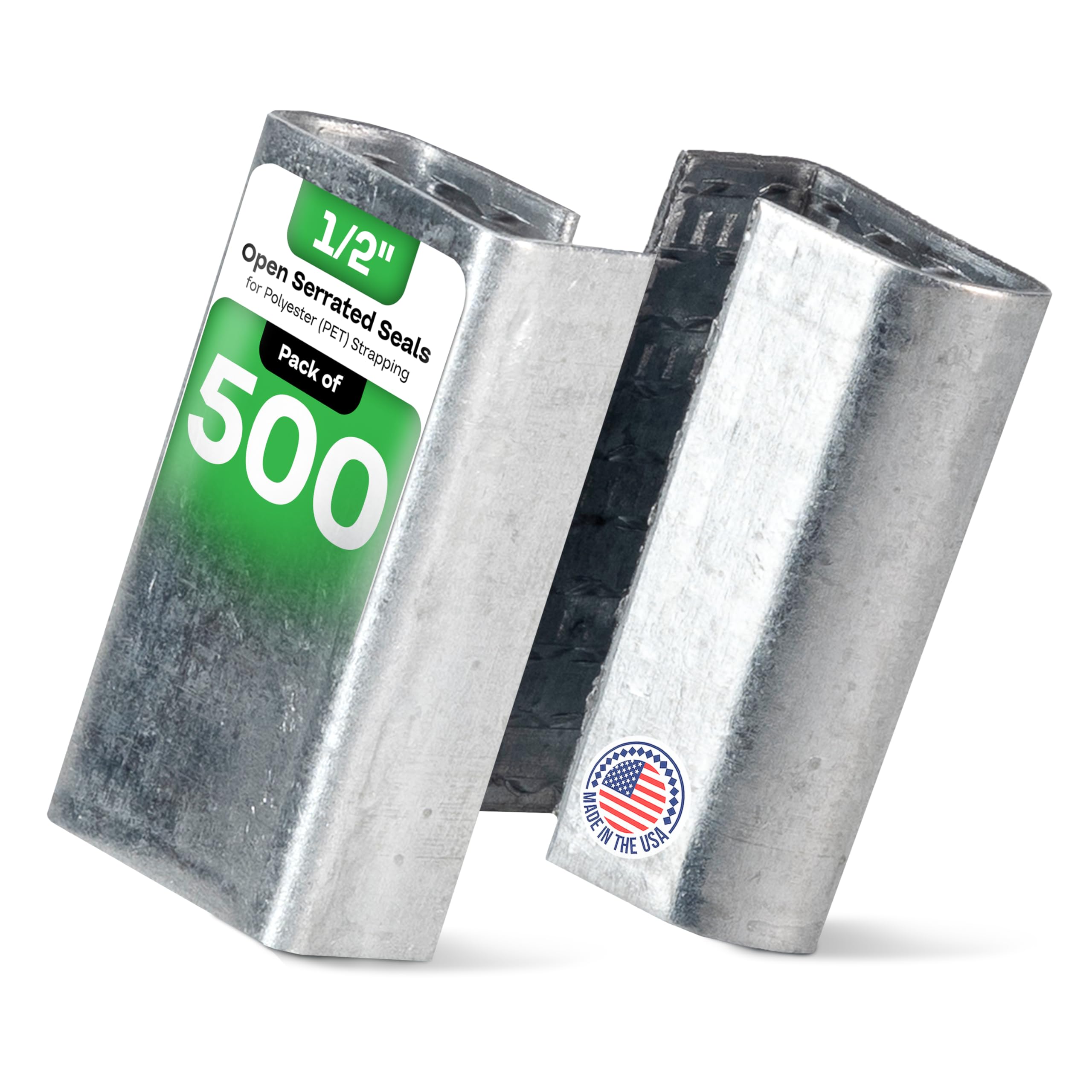 Photo 1 of IDL Packaging Open Serrated Seals of 1.25" Length for 1/2" Strap Width Polyester (PET) Strapping (Pack of 500) - Increased Load Securement Due to Serrated Design of Strapping Clips