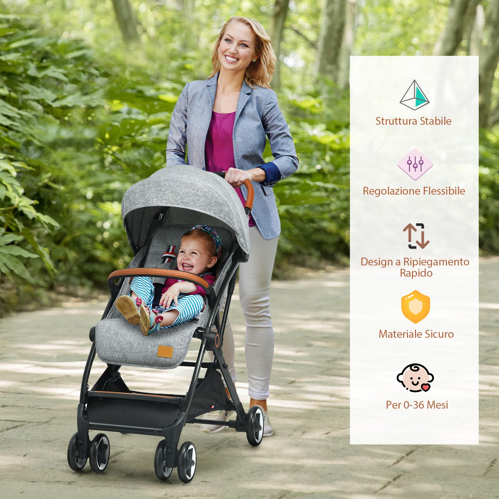 Costway Passeggino Leggero per Bambini 0-3 Anni fino 15 kg, Schienale e Poggiapiedi Regolabili, Cappottina e Zanzariera, Compatto Pieghevole Grigio