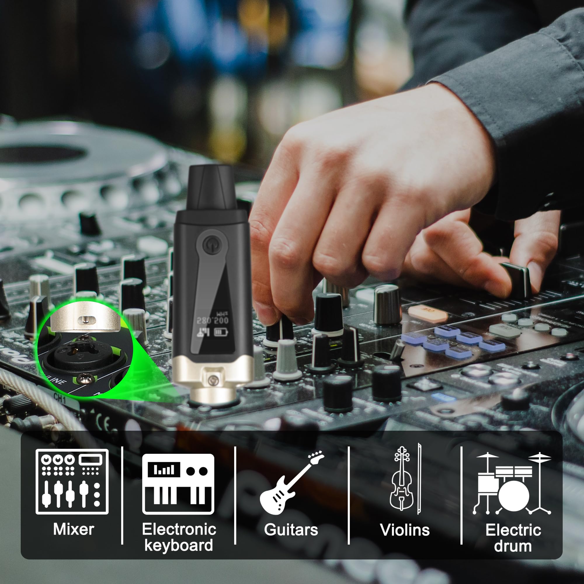 UHF Kabelloser XLR-Sender und Empfänger mit 48 V Phantomspeisung, wiederaufladbarer Mikrofon-Adapter, 16 Kanäle, 59,7 m Reichweite für dynamisches/Kondensatormikrofon, Audio-Mixer, E-Gitarre/Bass
