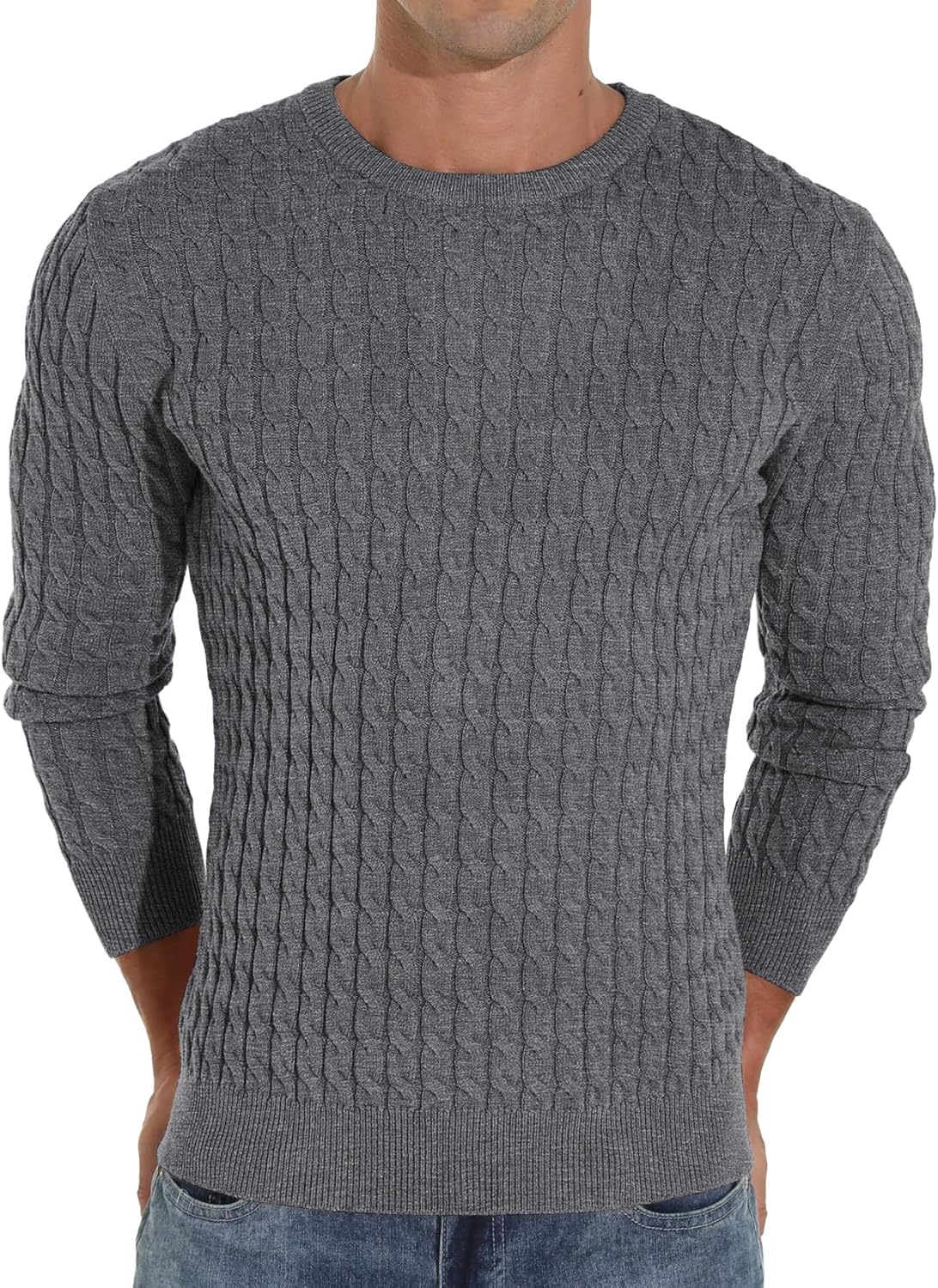 Askdeer Men's Pullover Sweater Crewneck Classic Cable Sweater Soft Casual Knitted Sweaters Dark Gray - Image 2
