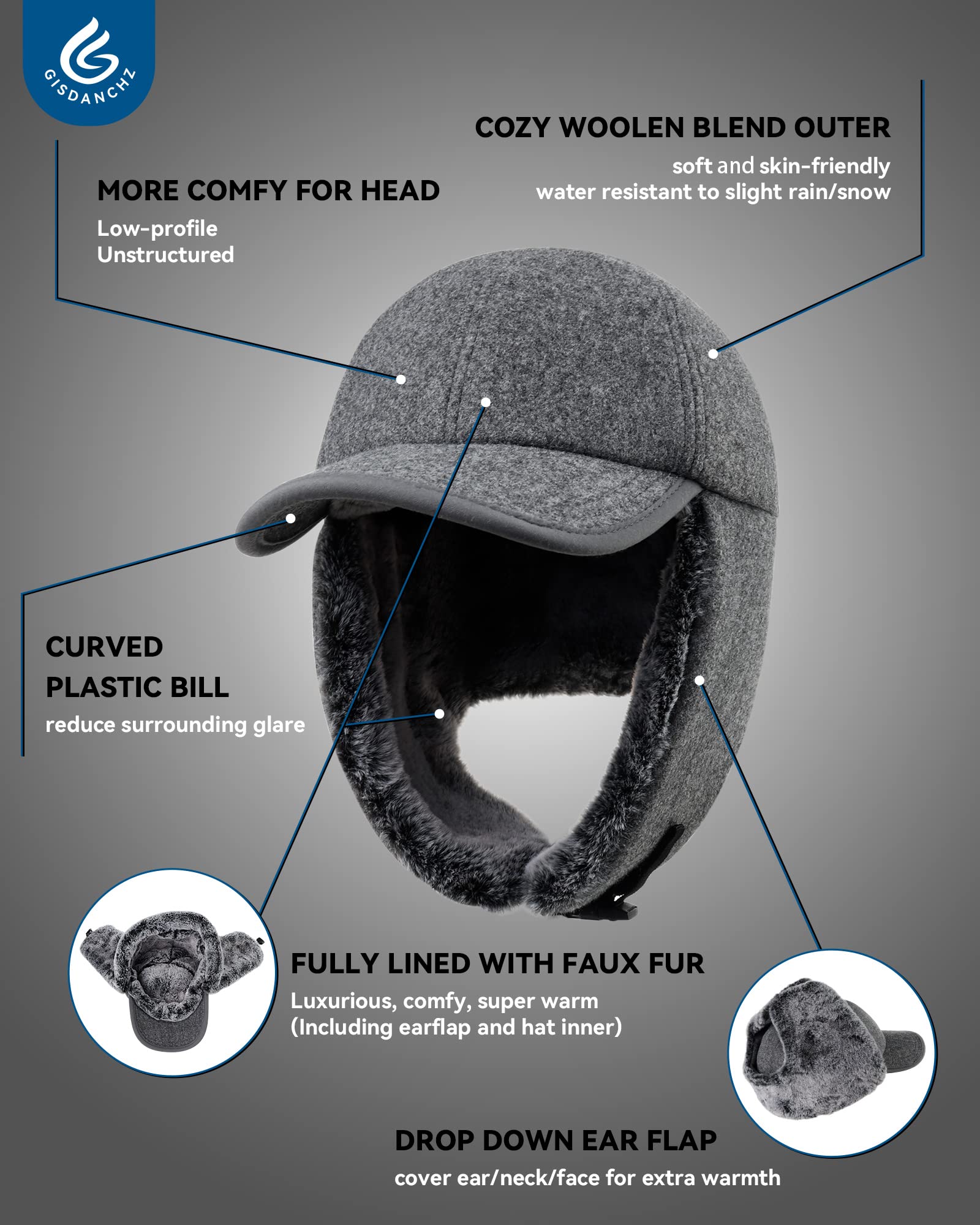 Gisdanchz Gorro Invierno con Orejeras Largas - Exterior de Mezcla de Lana, Piel Sintética Totalmente Forrada
