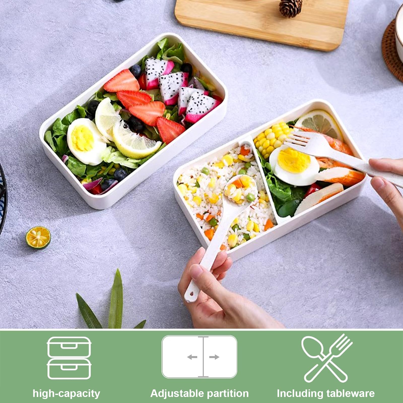 Fhioevt Boîte Bento Lunch Box 2 Compartiments 1200ml Hermétique Avec Couverts Et Sac Isotherme - Noir