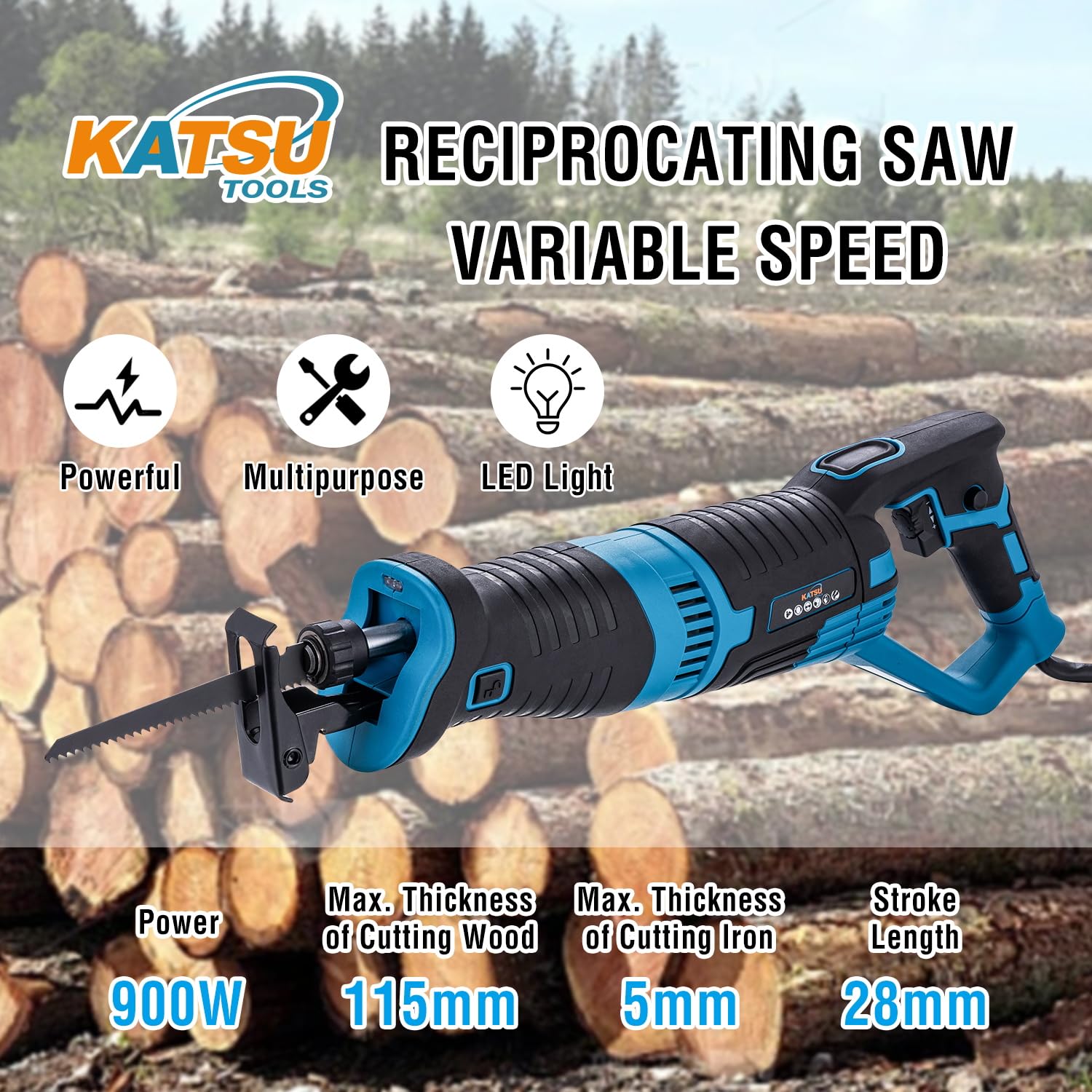 KATSU Tools Sierra alternativa de 900 W, carrera de 22 mm, 2800 rpm, velocidad variable, cambio de hoja sin herramientas, sierra de sable eléctrica con cable para cortar madera, metal y PVC
