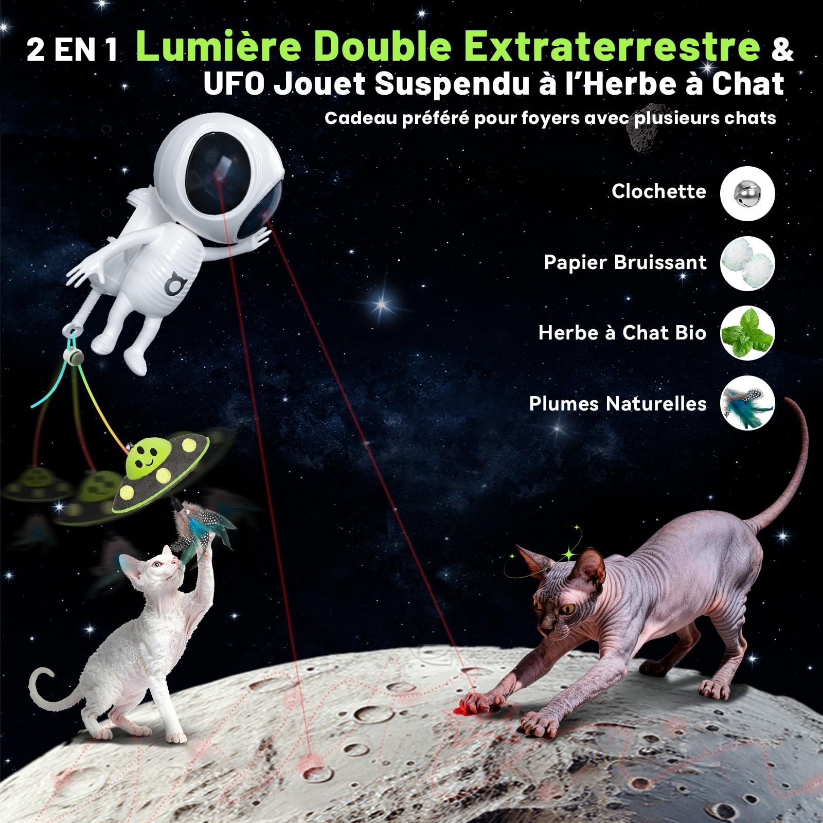 GoldenSun Jouet interactif 2 en 1 automatique avec double projection et pendentif OVNI pour chat d'appartement, activé par le mouvement, rechargeable, 4 modes de jeu, fixation par pince, blanc