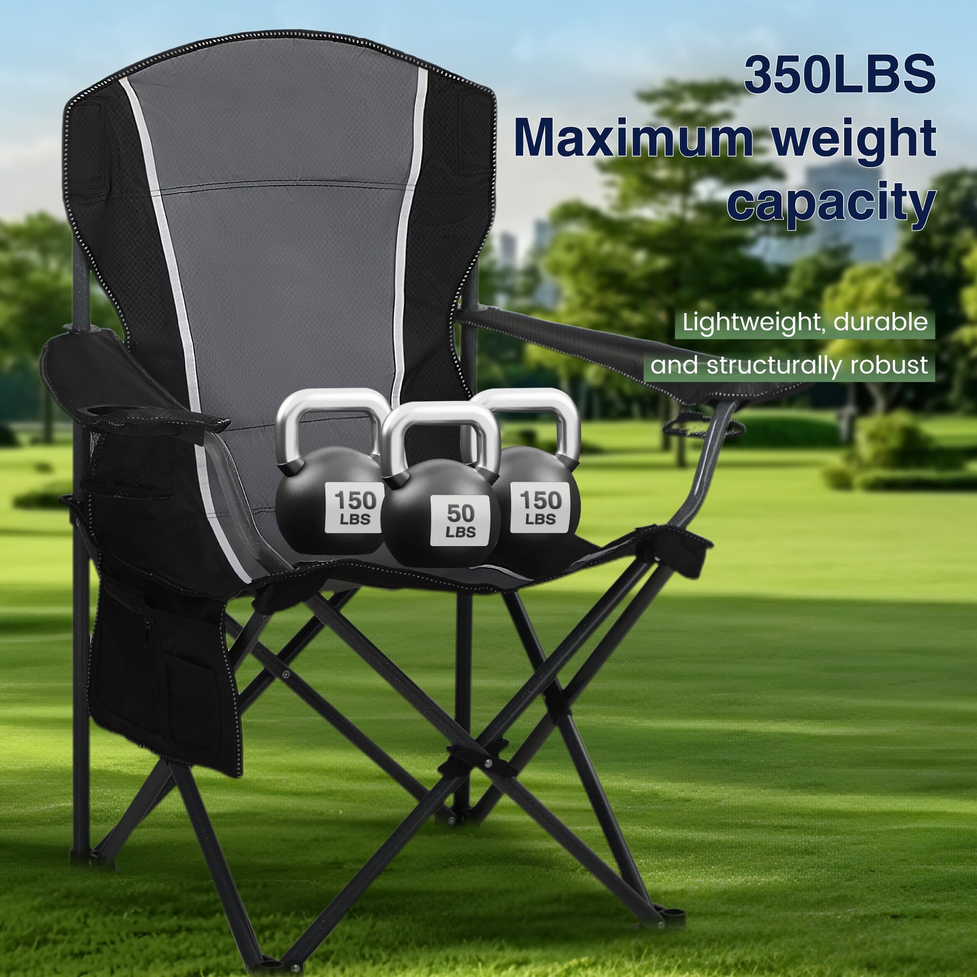 HIGH POINT SPORTS Sedia pieghevole da campeggio oversize, resistente, con bracciolo, sedia da prato portatile con portabicchieri, per adulti, supporto 158,8 kg, confezione da 2, grigio-nero