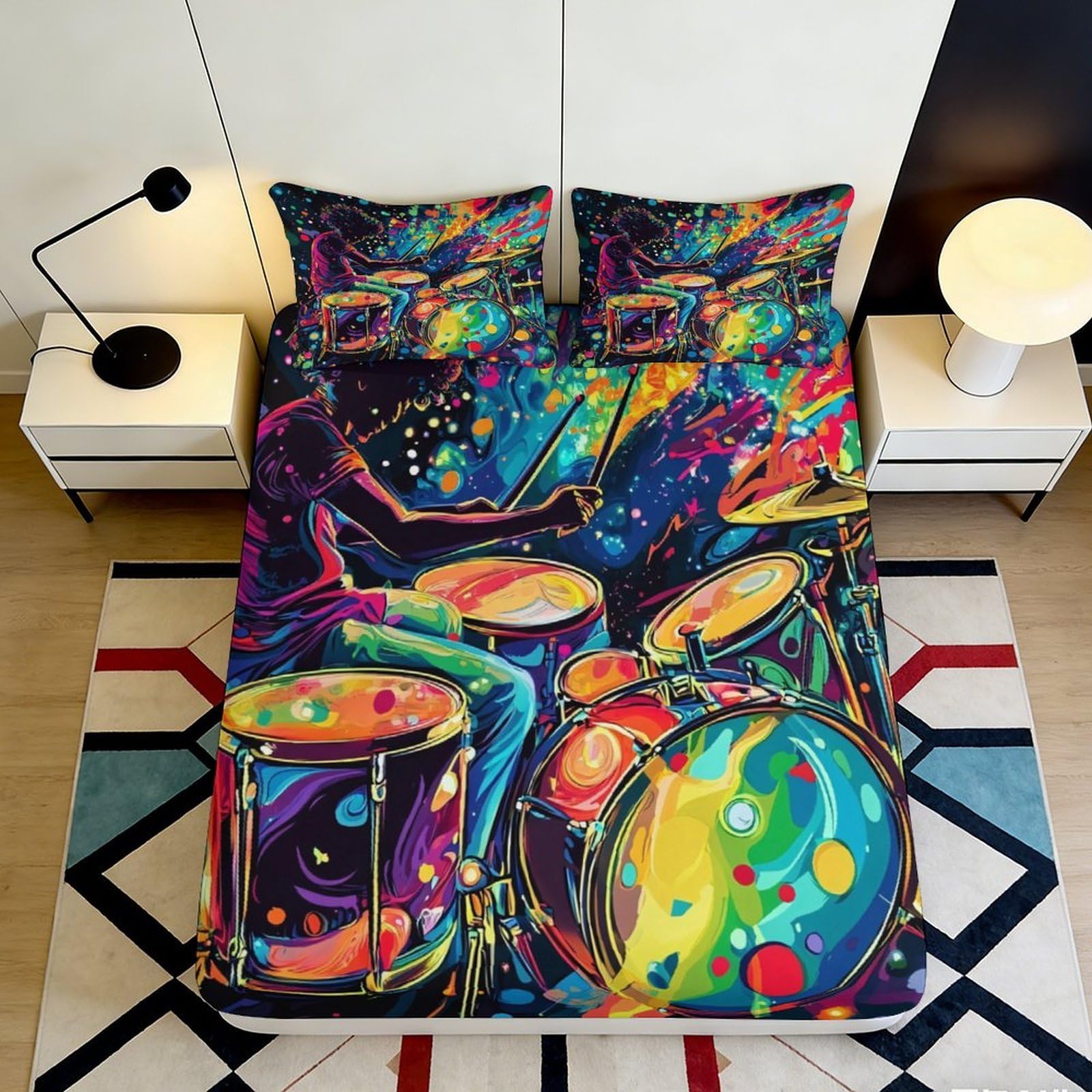 3D Printed Colorful Drum Art Fitted Sheet Microfiber Soft Bedroom Decor Music Mattress Cover for Home Dorm 90x200x25cm