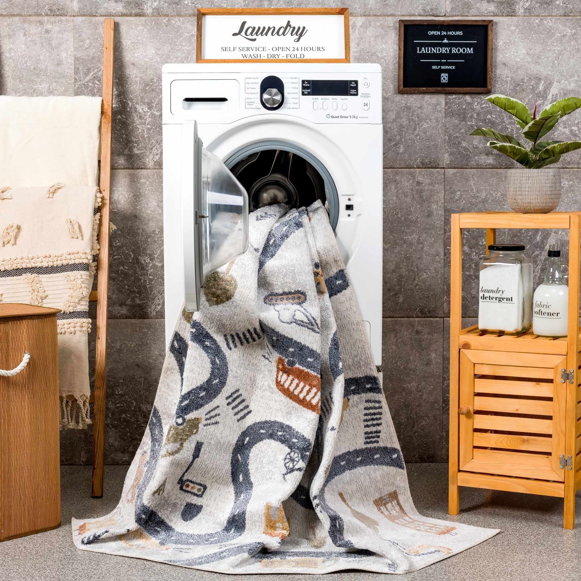 Hauteloom Mave Boys Room, Kids Room, Playroom Machine Washable Area Rug - Road Traffic Car City Carpet - Gray, Cream, Beige, Black - 6'7