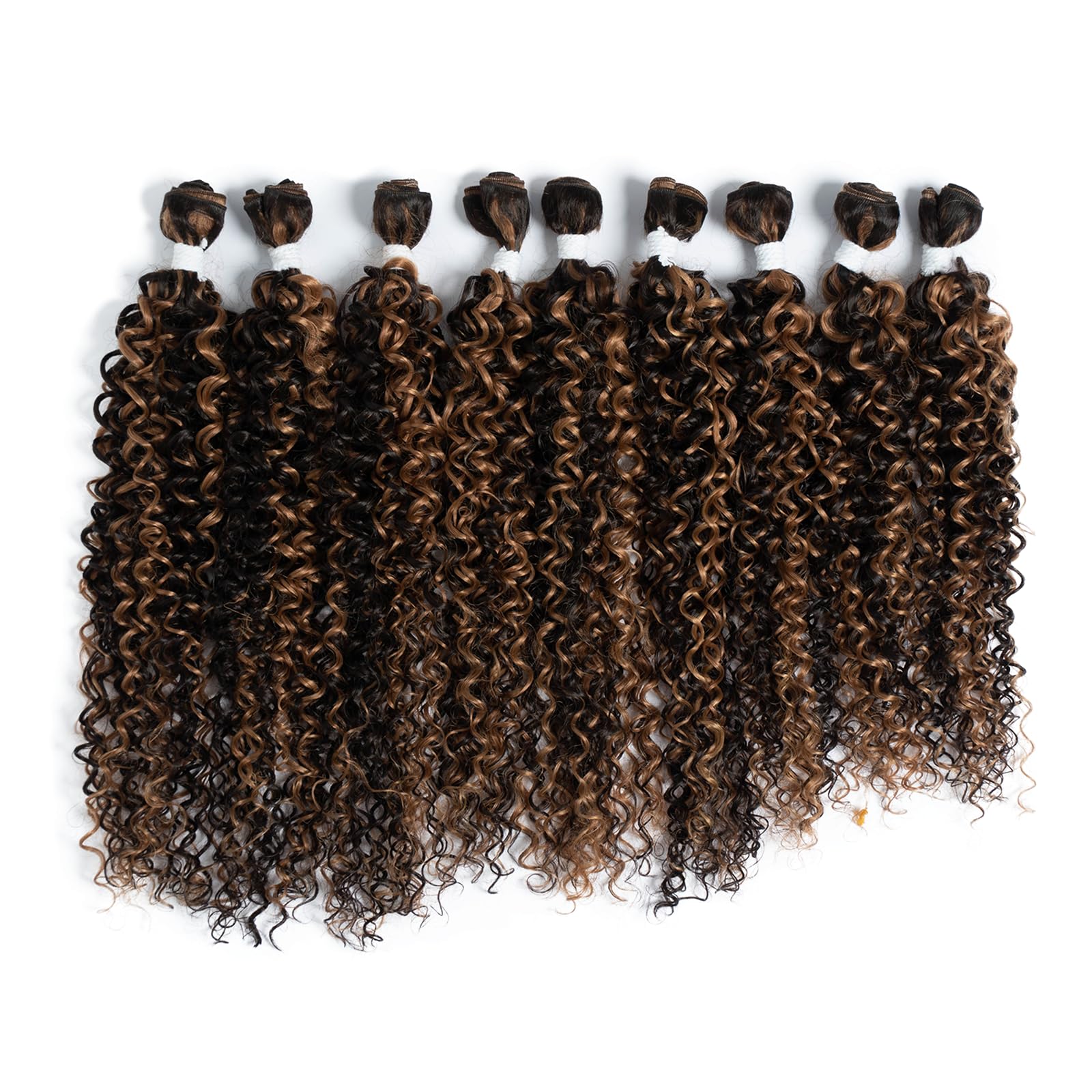 DÉBUT Jerry Curl Synthetic Hair 9 Bundles Brown Mixed Blonde 16 18 20 Inches Tight Curly High Temperature Hair Weave 9Pcs 300g 16" 16" 18" 18" 20" 20"