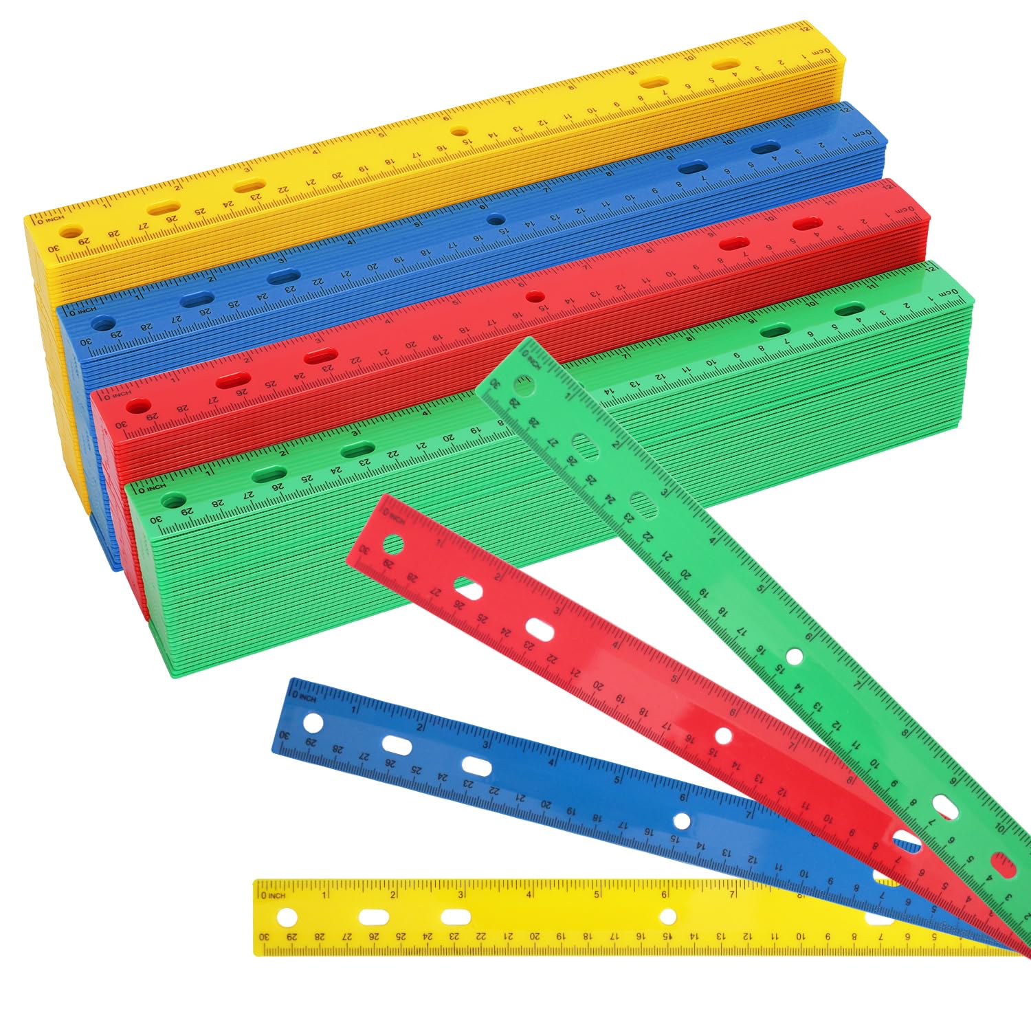 200 Pack 12 Inch Plastic Rulers Bulk, 4 Color Plastic Ruler, Colourful Ruler with Dual-Scale Measurement, Easy to Store, for Home, Office, Practical Use by KUKLIPJIM