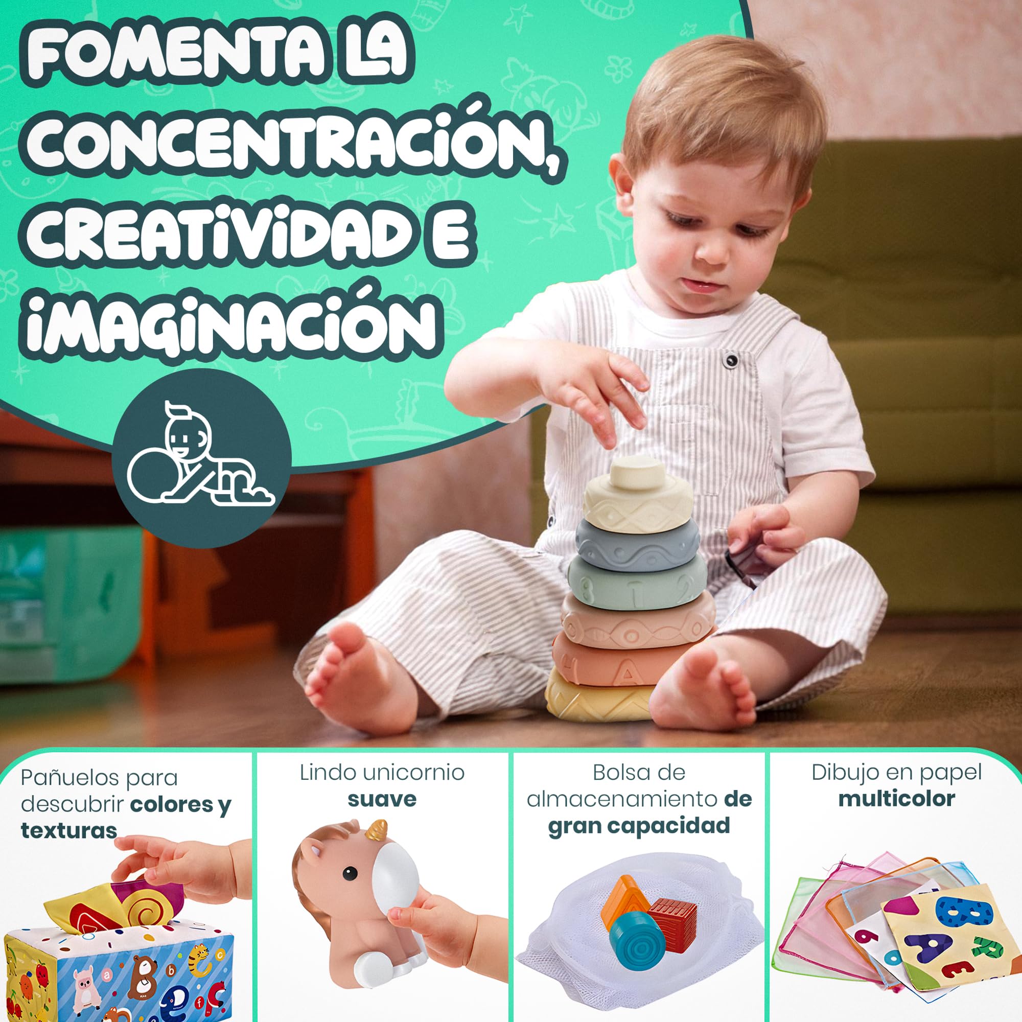 Set Montessori Bebé 6 en 1 – Juguetes Sensoriales y Educativos: Bloques Suaves, Apilables, Caja de Pañuelos y Formas | 34 Piezas | Regalo 6-36 Meses Niño-Niña