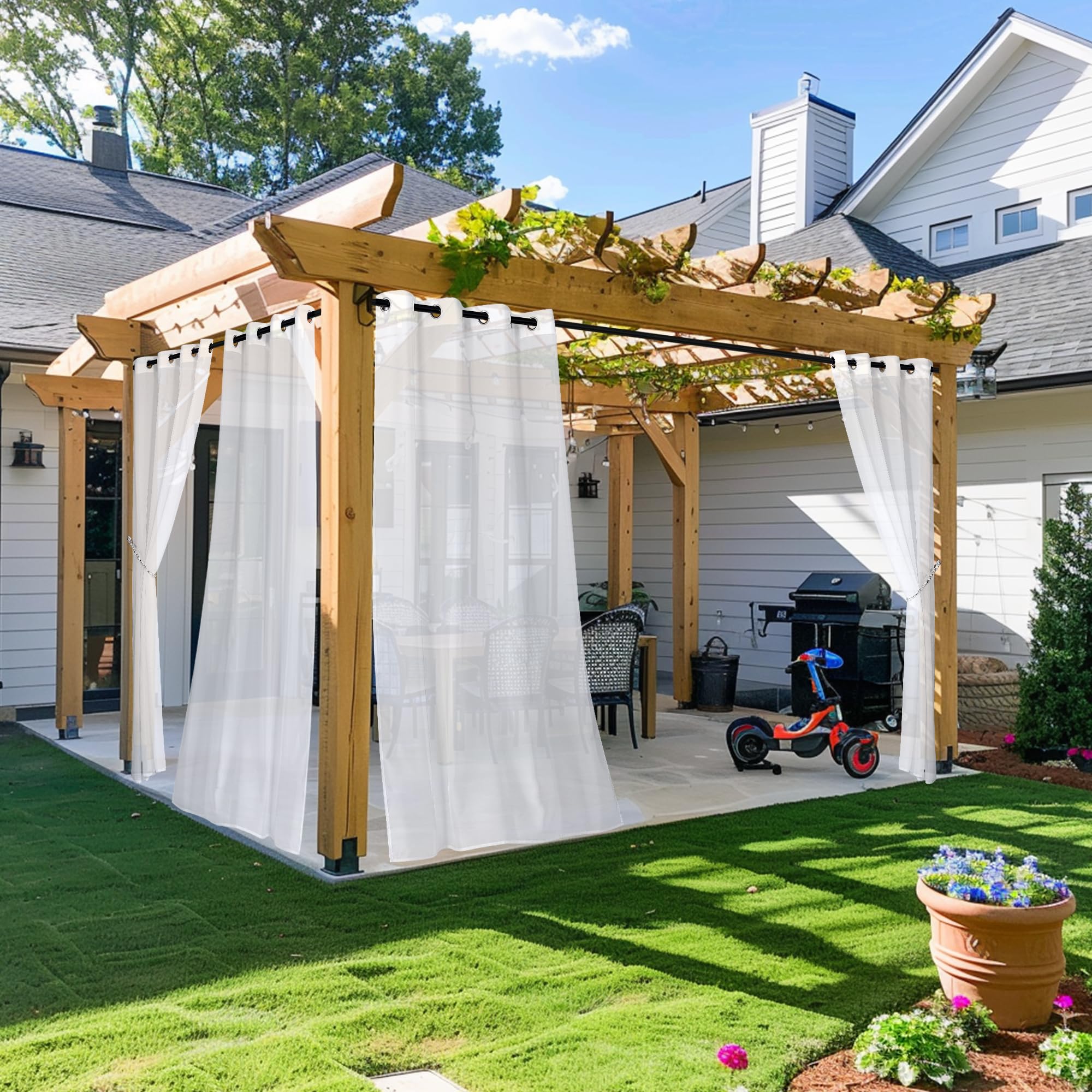 NICETOWN Outdoor Sheer Curtains 84 inches Long 2 Panels, Waterproof Sheer Texture Curtain Panels for Gazebo, Porch, Pergola, Voile Drapes with Rustproof Grommets for Living Room, W54 x L84 inch, White