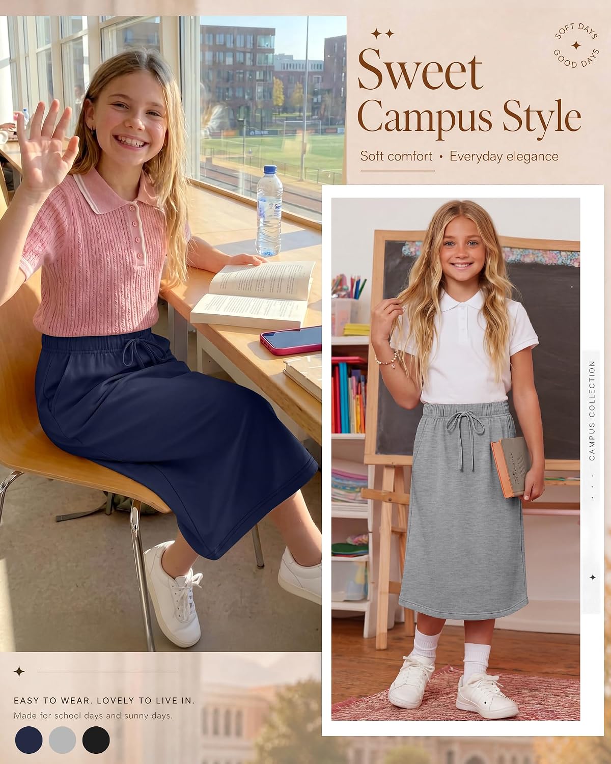 Halfchet 3 Pack Girls Midi Skirt Teen Girls Knee Length Drawstring High Waist Back Slit Casual Long Skirts with Pockets 5-16Y