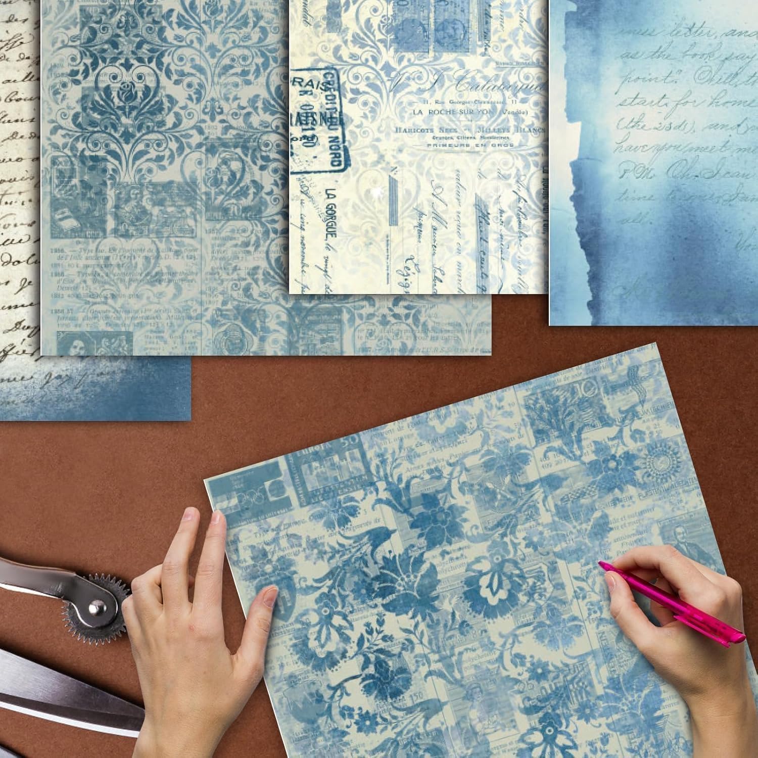 48 Sheets Vintage Blue Floral Scrapbook Paper,Retro Blue Pattern Decorative Scrapbook Paper for Junk Journals DIY Cards and Photo Albums,Aesthetic Craft Supplies