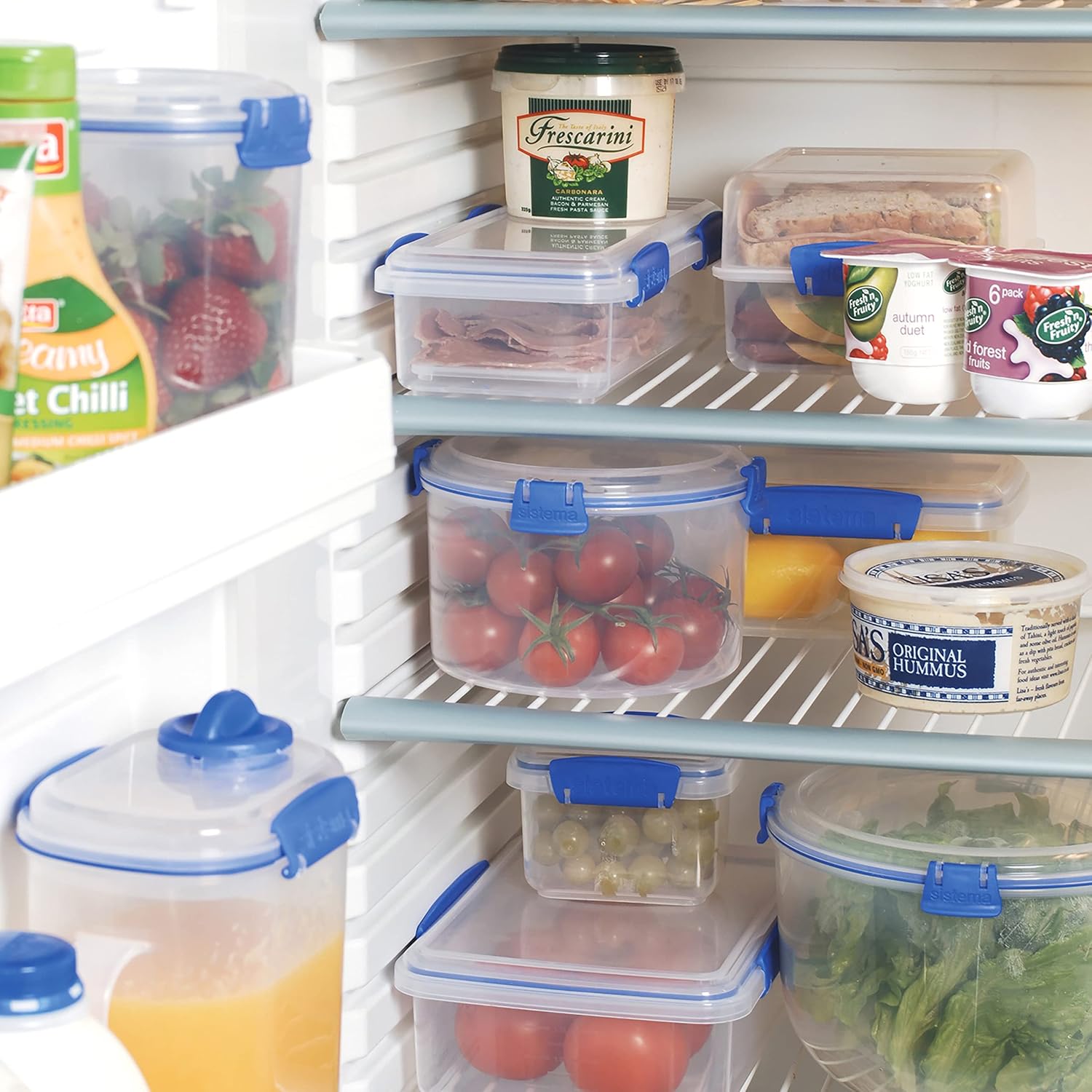 Sistema KLIP IT Rectangular Collection Food Storage Container, 33.8 oz./1.0 L, Clear/Blue, 3 Count