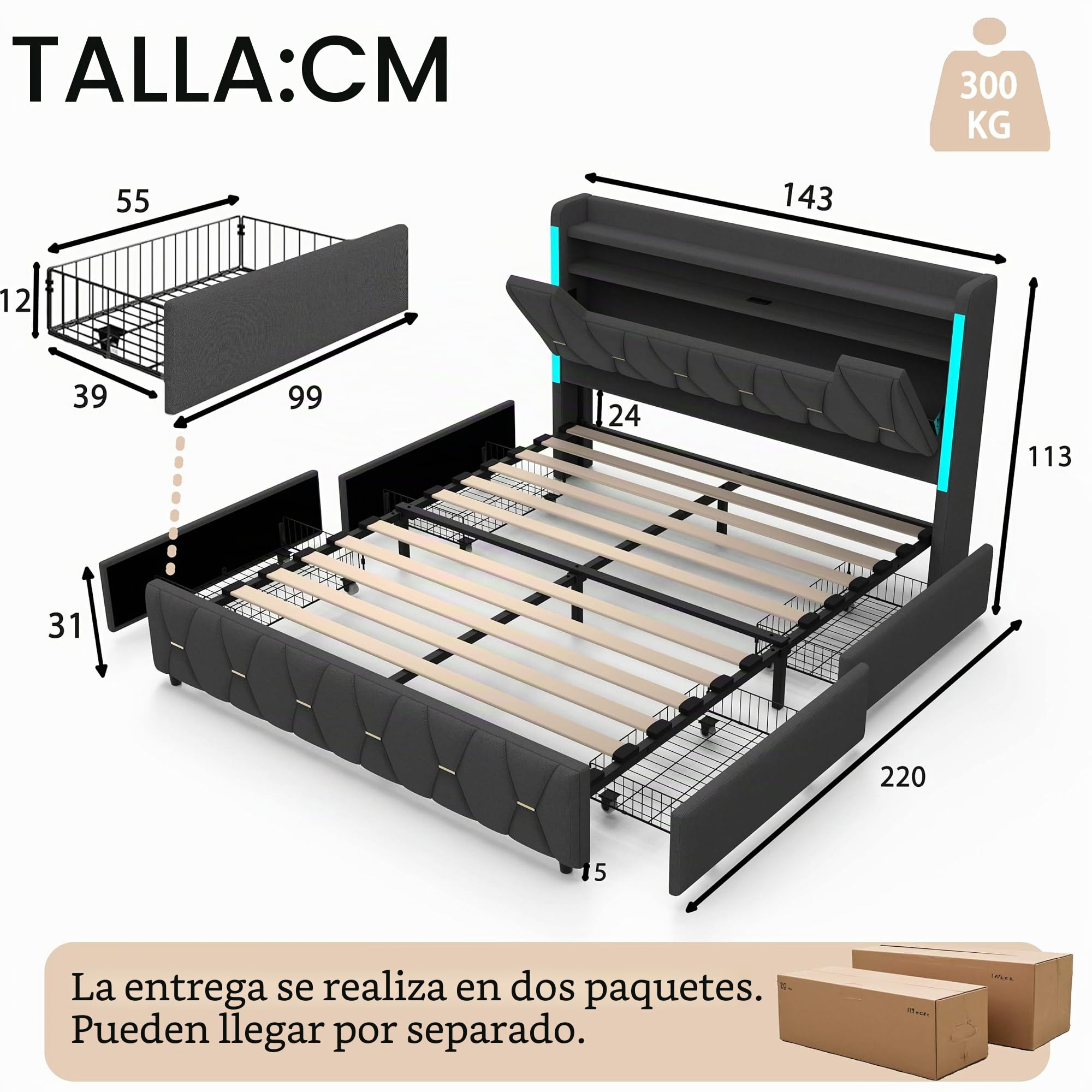 Cama de Lino Gris de 140x200 cm con Cabecero con Almacenamiento