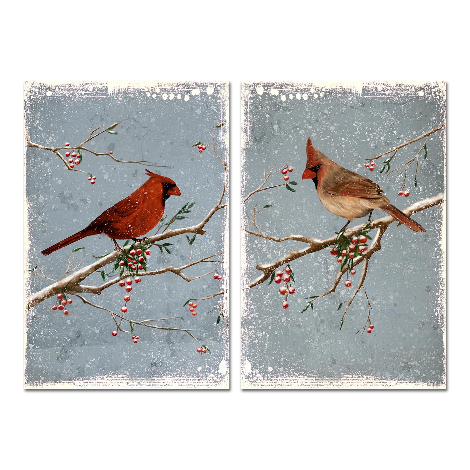 Zlove 2 Pieces Set Cardinal on Snowy Branch Canvas Wall Art Red Bird Winter Scene Landscape Picture Print for Bedroom Home Decoration Stretched and Framed Ready to Hang 16x24inchx2pcs