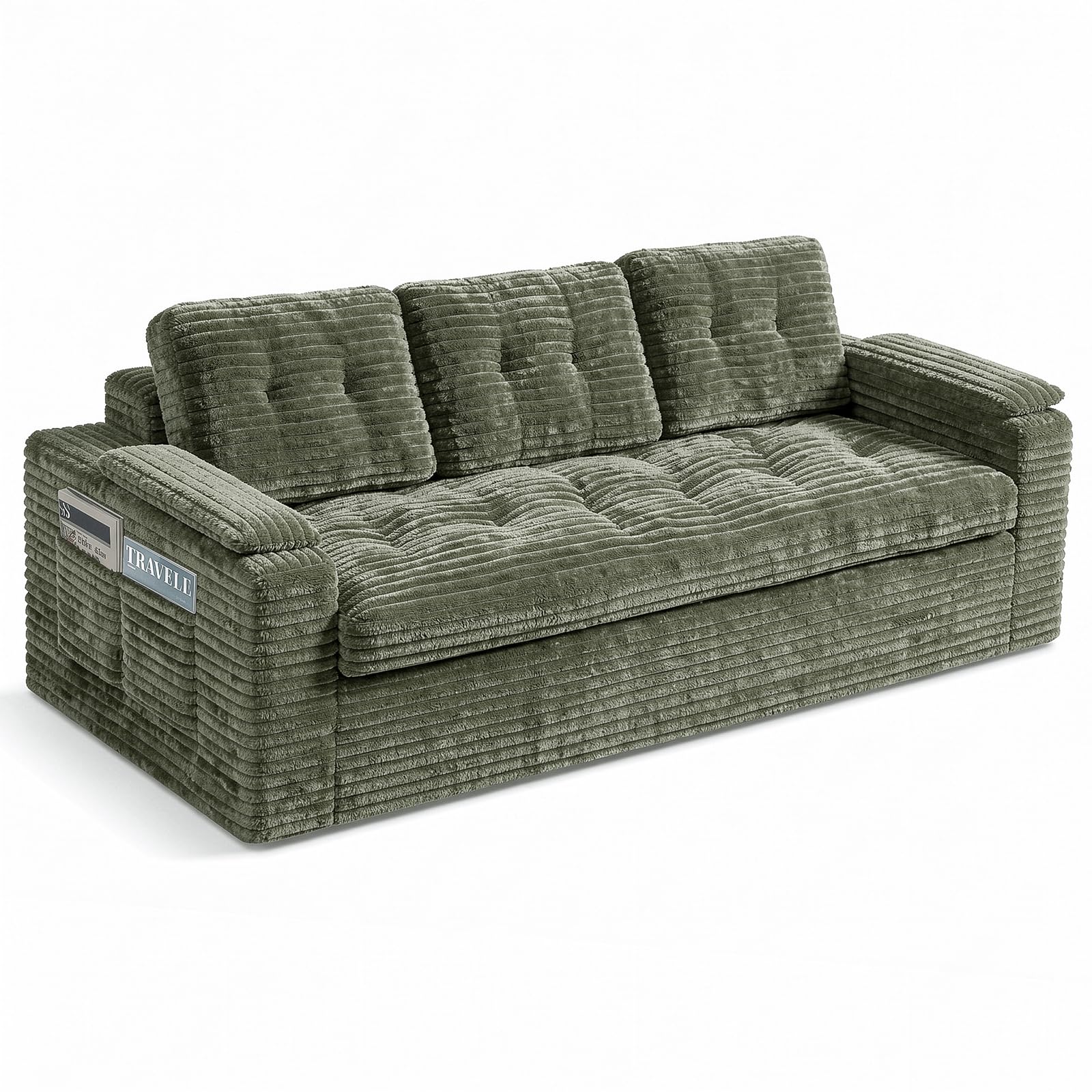 Fabulcozy 3-Sitzer Sofa 210 cm aus Cord mit Fußstütze, Seitentaschen, Armlehnenkissen und 3 Kissen inklusive, Bequeme Polsterung, für Wohnzimmer, Apartment,Grün