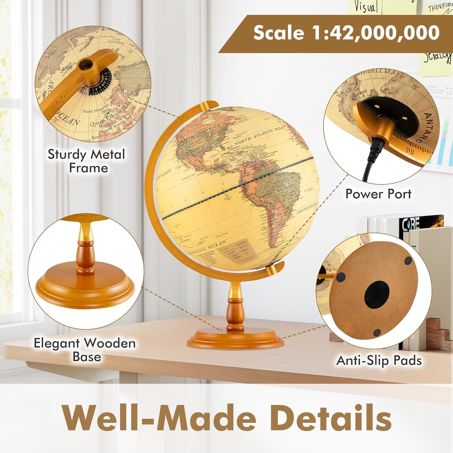 Goplus 12 Inch Illuminated World Globe, Antique Light up Rotating Globe Night Lamp with Wooden Stand, Geography Educational Desktop Decoration for Kids Adults Home Office School (Antique-Bronze)