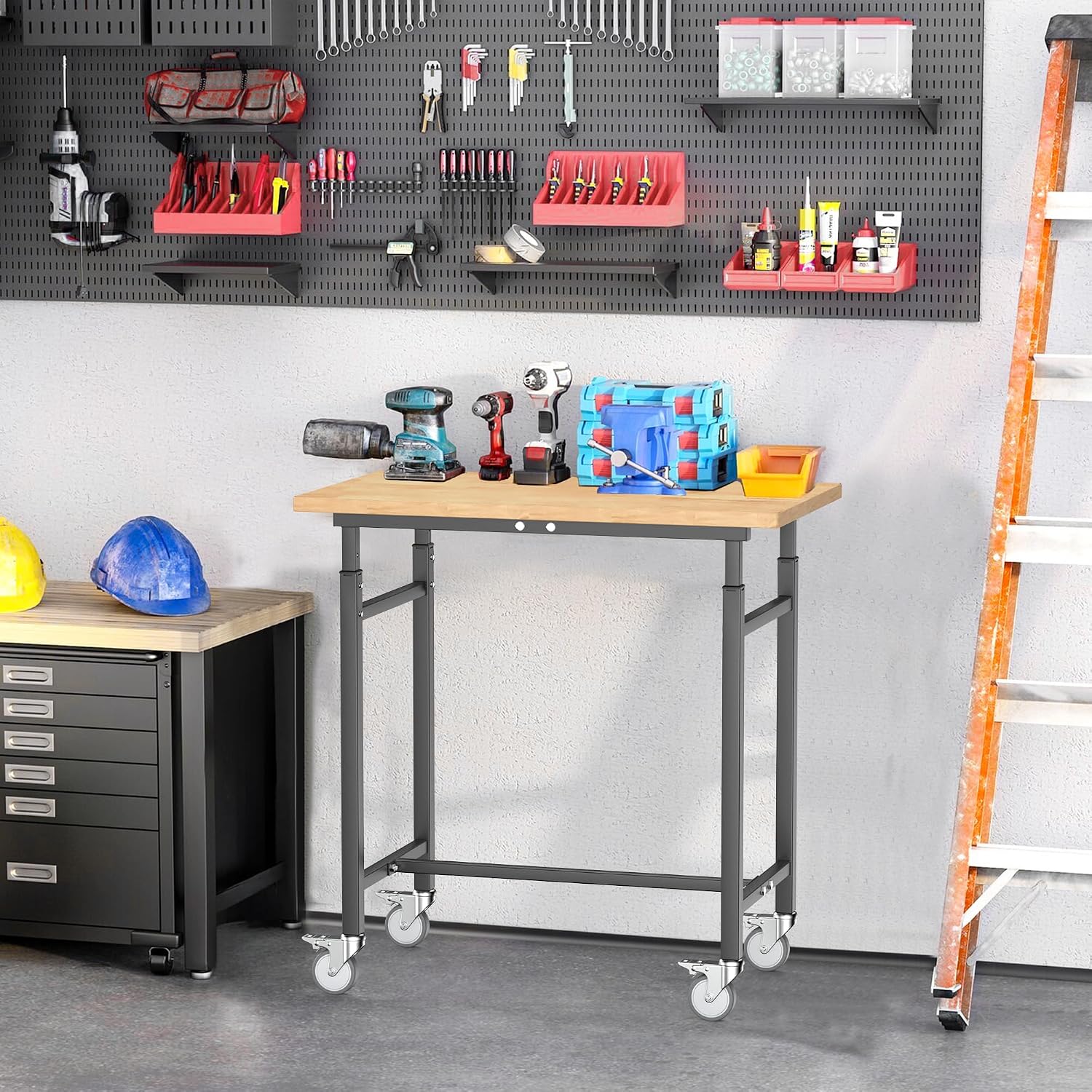 EVERHANGER Workbench with Wheels, Adjustable Height Work Table, 32“ x 18” | Heavy Duty Workbench for Garage, Rubber Wood Top Workstation for Workshop