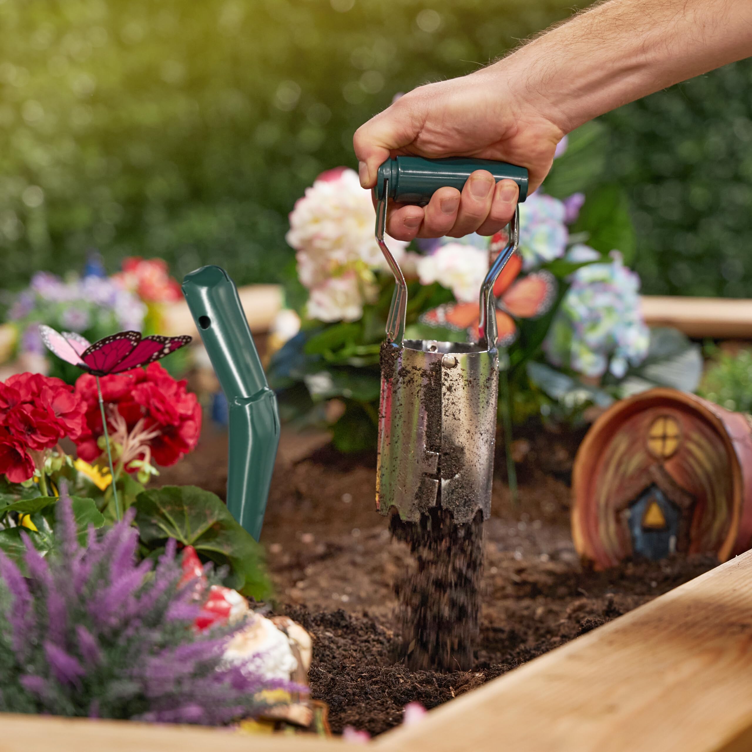Relaxdays Plantoirs à bulbes, Lot de 2, transplantoir gradué & Outil à Manche, pour Le Jardin, métal, Vert - argenté
