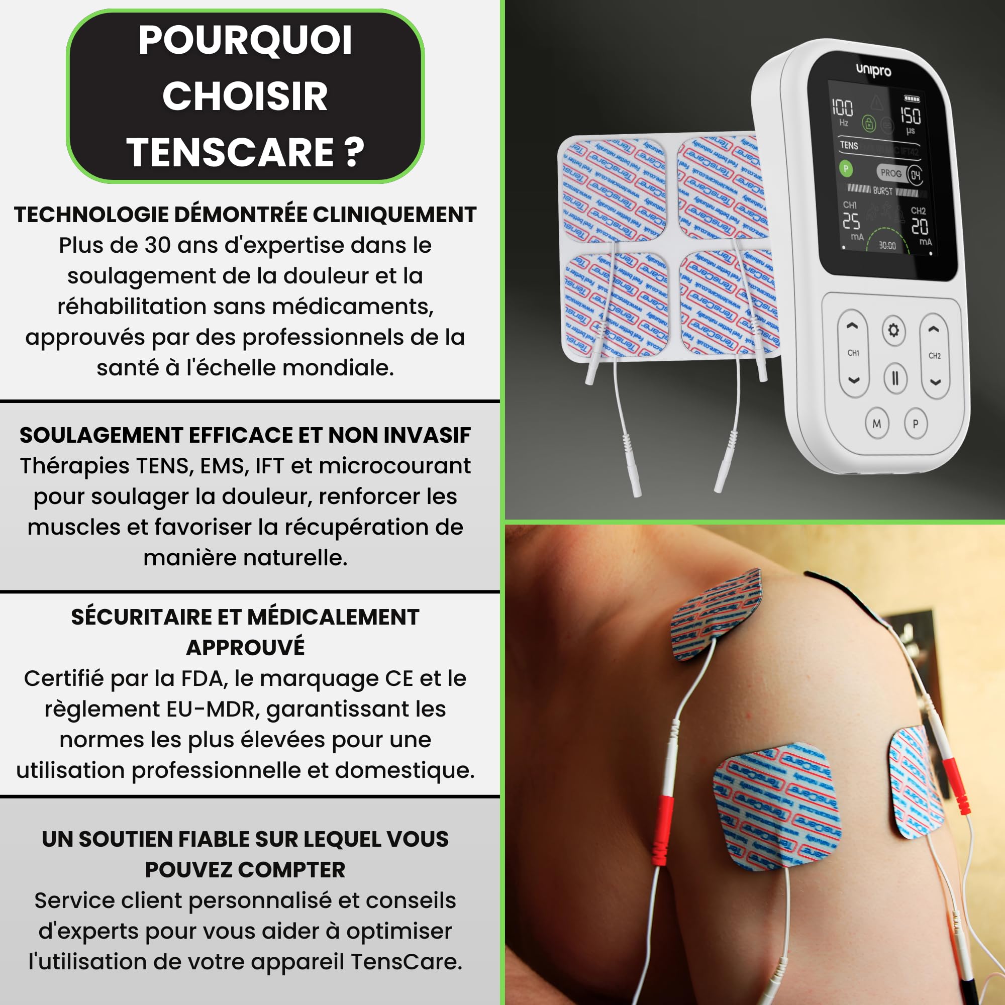 TensCare Unipro Appareil de Multithérapie TENS EMS IFT Microcourant Soulagement Douleur Renforcement Musculaire