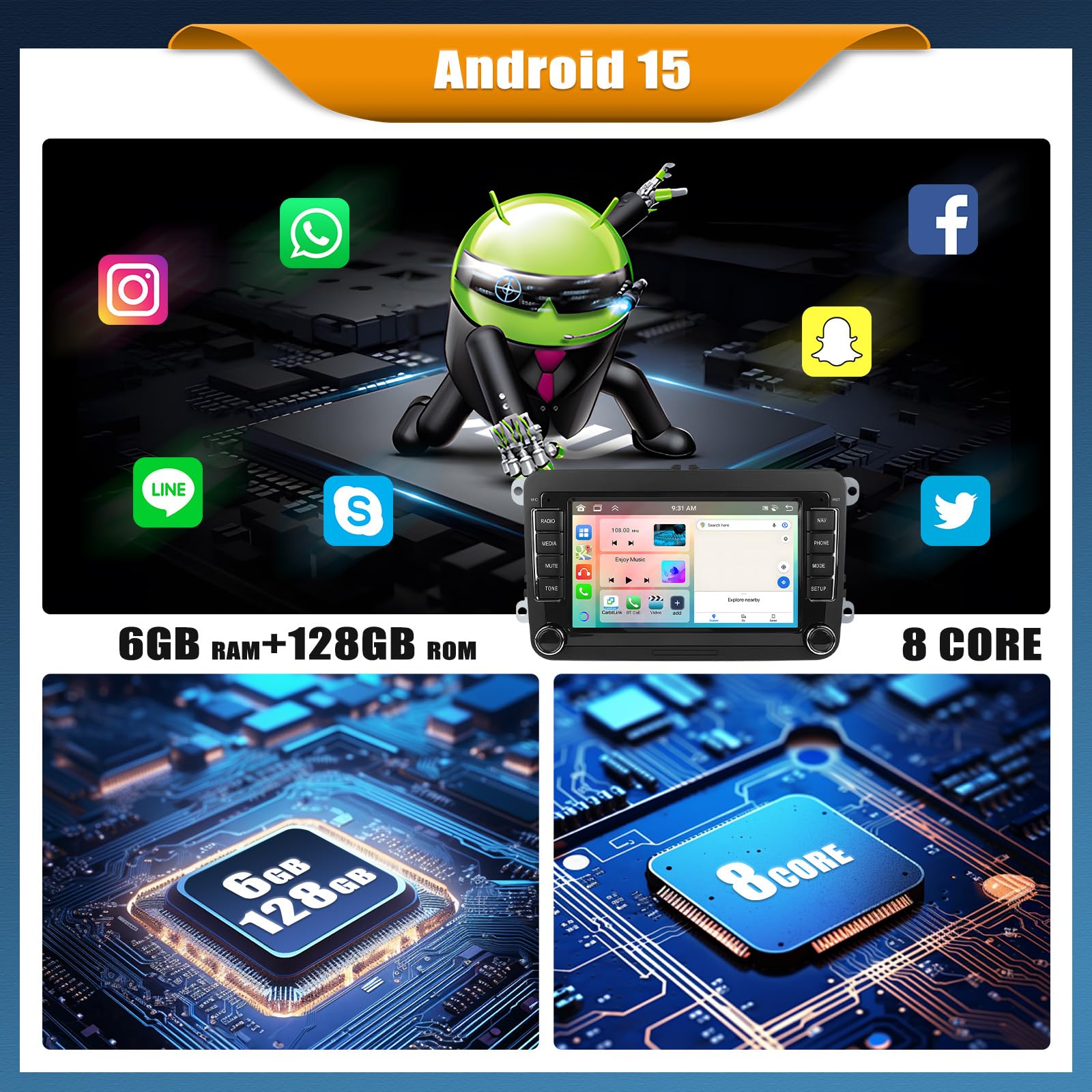 Android 15, 6G+128G 8Core GOHHDL Autoradio 2Din Navi für VW Golf 5 6 Polo Touran, 7 Zoll Auto Bildschirm Touch Radio mit GPS Navi WiFi Bluetooth FM/RDS Radio EQ SWC Rückfahrkamera&MIC