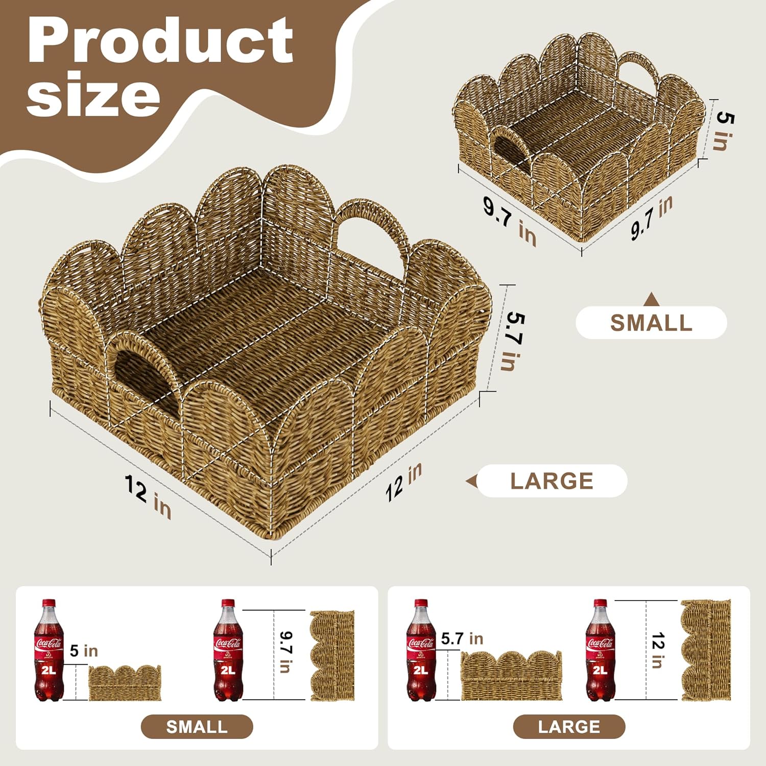 Scalloped Basket Set of 2，Resin Wicker Basket for Organizing and Decor Hand-Woven Wicker Storage Baskets with Built-In Handles for Gifts,Snack,Shelves，Tan