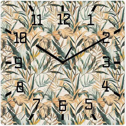 Summer Palm Leaf Wooden Wall Clock Silent Non Ticking, Topical Vintage Botanical Leaves Square Wall Clocks Battery Operated, Decor Clock for Home