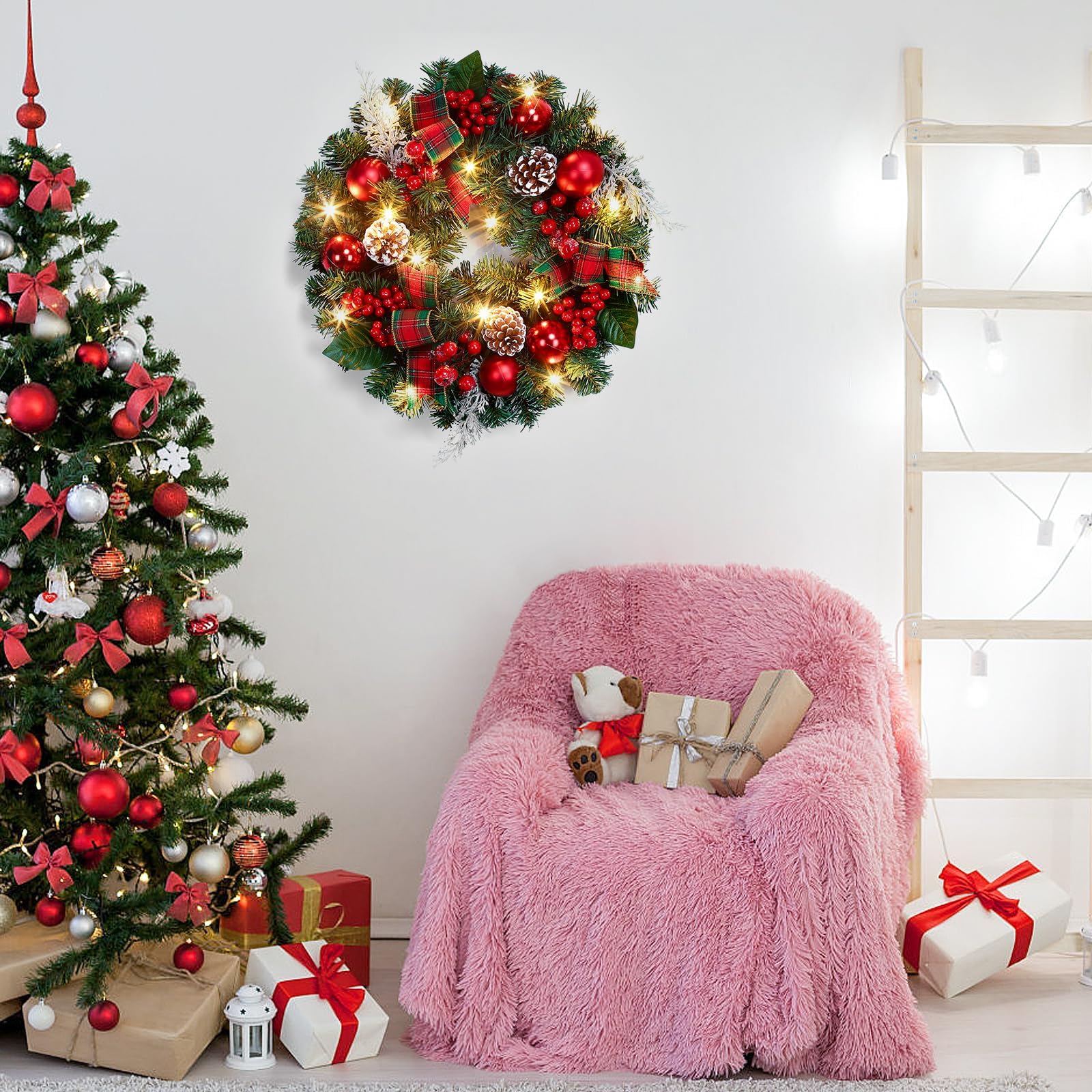 Christmas Front Door Wreath with Lights, 18 Inch Prelit Holiday Wreath with Plaid Bow Red Balls and Berries, Battery Operated Xmas Wreaths for Window Fireplace Porch Decor