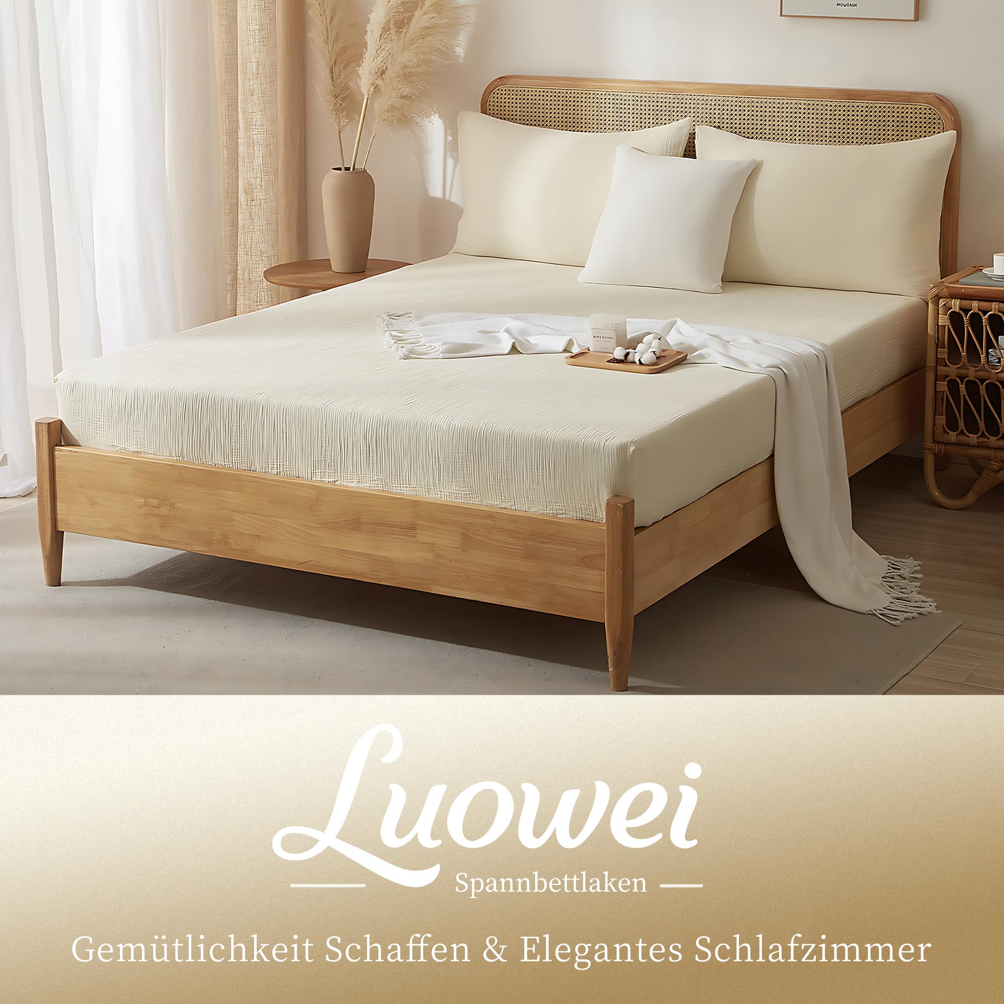 Luowei Muslin Spannbettlaken 200x200cm-100% Baumwolle, WeichesAtmungsaktives Bettlaken für Sommer & Winter，Ökotex，Beige Boxspringbett Spannbetttuch，Passend für Matratzen bis 30cm
