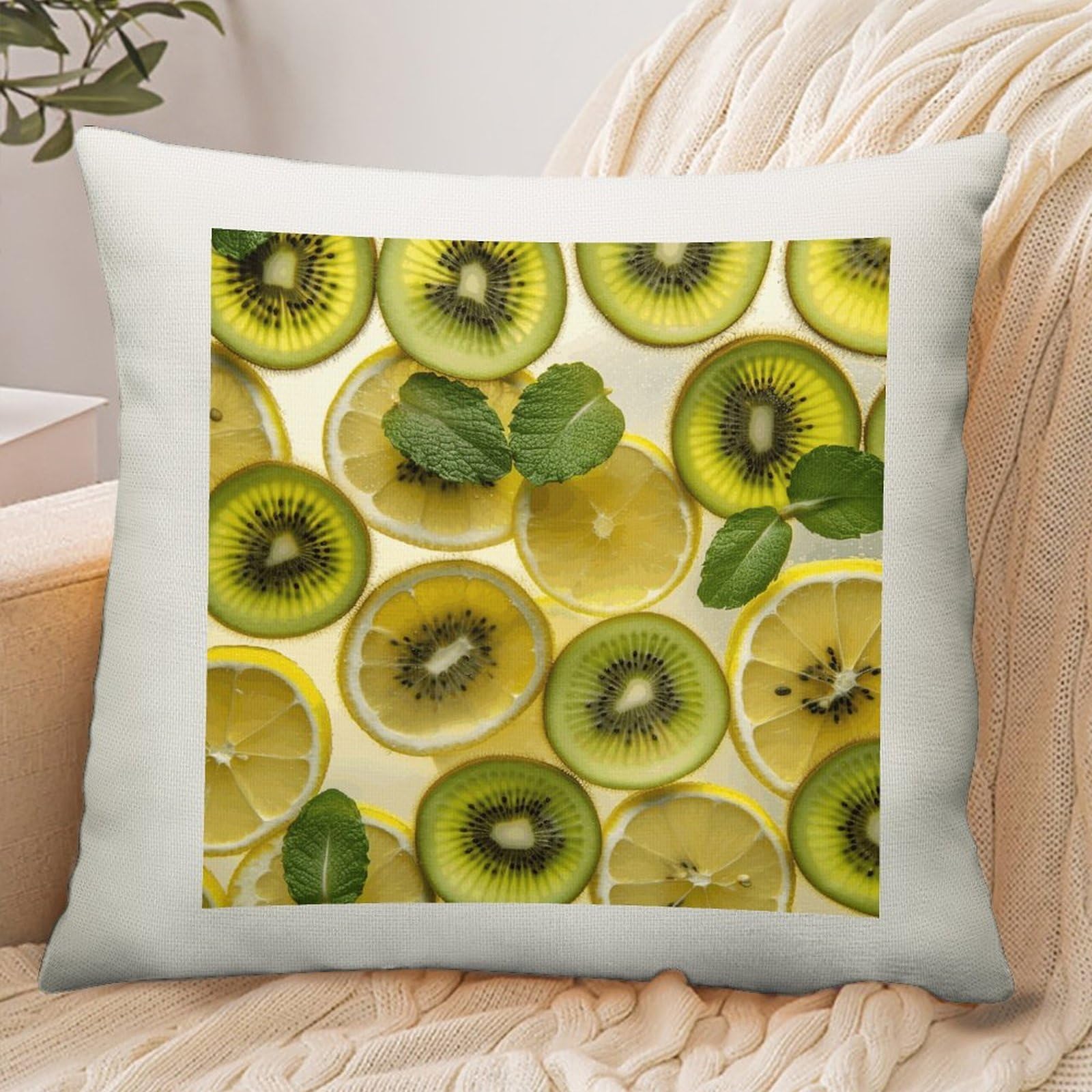 ADFGYERH Sliced Lemon and Kiwi in Drink Pillow Cover Breathable,Pillowcases Boho Decorative Envelope Closure,Throw Pillow Covers for Beach,Patio,Balcony,Couch Living Room 16 * 16in