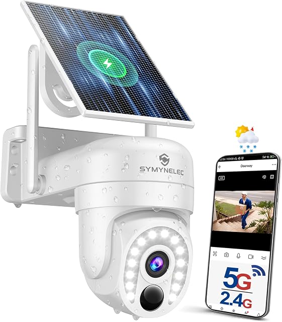 SYMYNELEC 5G&2.4G Caméras de sécurité sans fil en plein air: Solar Camera Surveillance Exterieur - 360° Pan/Tilt 2K Couleur Nuit Vision Personne Détection Siren Spotlight 2-Way Converser Cloud/SD Storage résistant aux intempéries