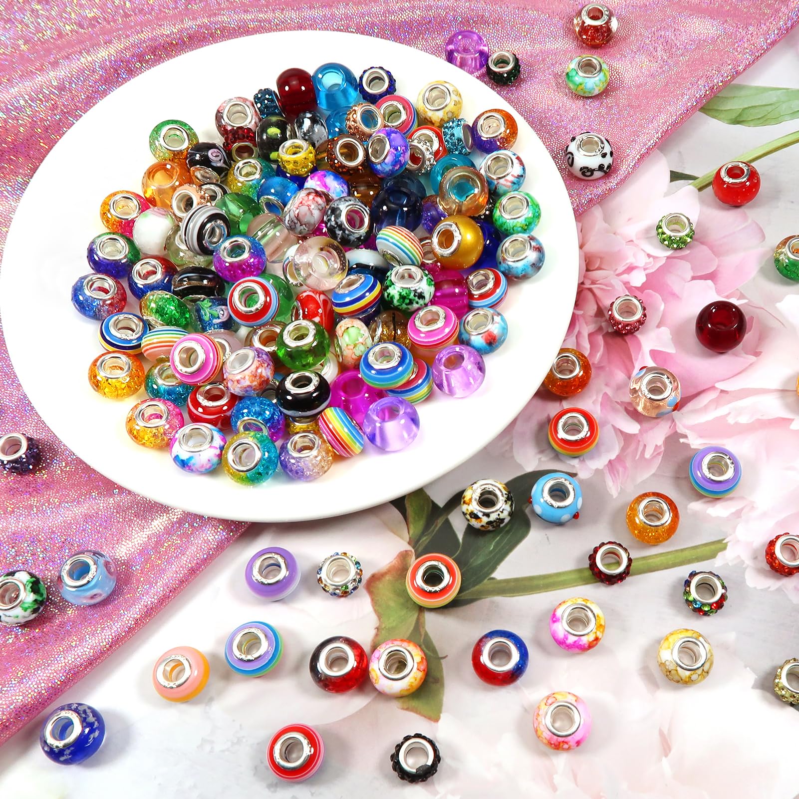 TOAOB 150 Pezzi Perline Europee 14mm Grandi Foro Kit Braccialetti Fai da Te Resina Distanziatore Perline Colorate Vetro Strass Bead per Collana Creazione di Gioielli