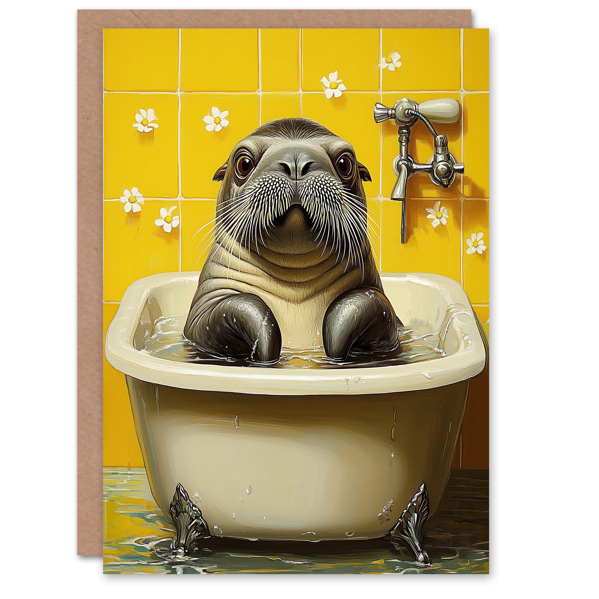 Artery8 Greeting Card Cute Walrus Yellow Bathroom Bathtub Bath Time For Her Woman Birthday Card