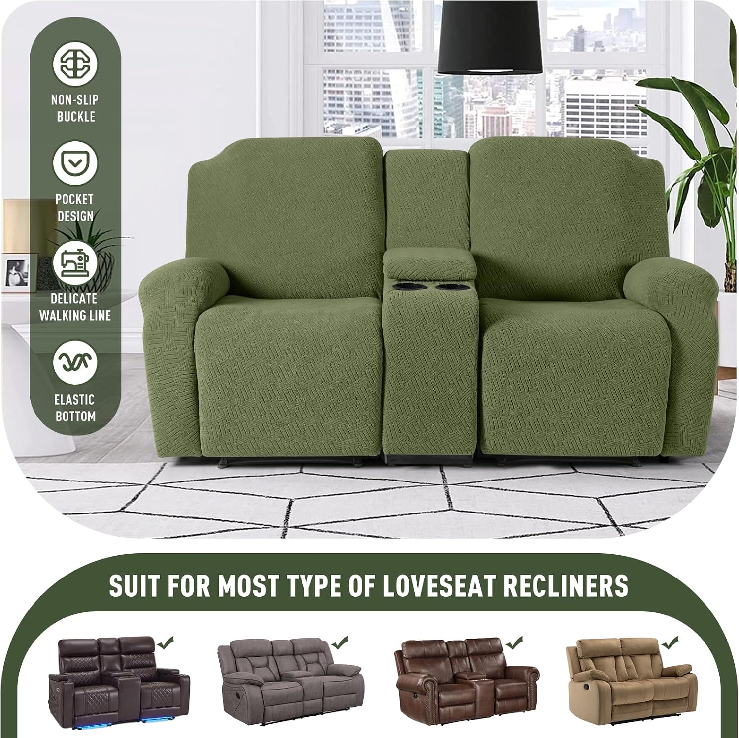 KinCam Loveseat Recliner Covers with Middle Console Slipcover, Recliner Sofa Covers 2 Seat Couch Cover Stripe Jacquard Furniture Protector Covers with Elastic Bottom for Kids, Pets(Olive Green)