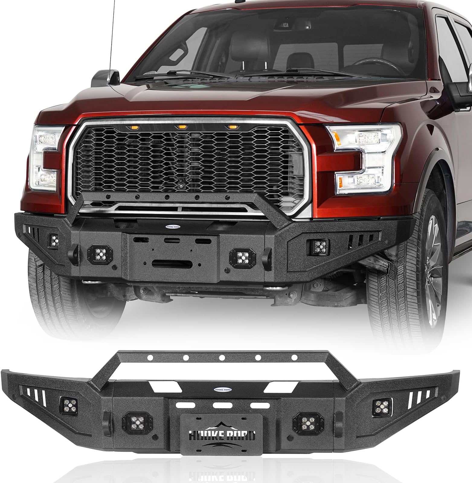 Hooke Road Discovery Front Bumper for 2015 2016 2017 Ford F-150 (Exclude Raptor), Full-Width Offroad Bumper w/Winch Plate & D-ring Mounts - Solid Steel