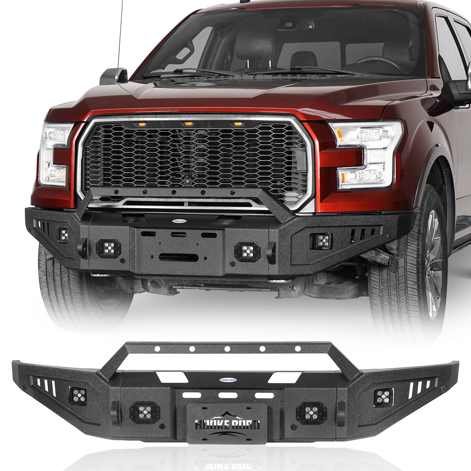 Hooke RoadDiscovery Front Bumper for 2015 2016 2017 Ford F-150 (Exclude Raptor), Full-Width Offroad Bumper w/Winch Plate & D-ring Mounts - Solid SteelGlobal Recycled StandardGlobal Recycled StandardGlobal Recycled Standard