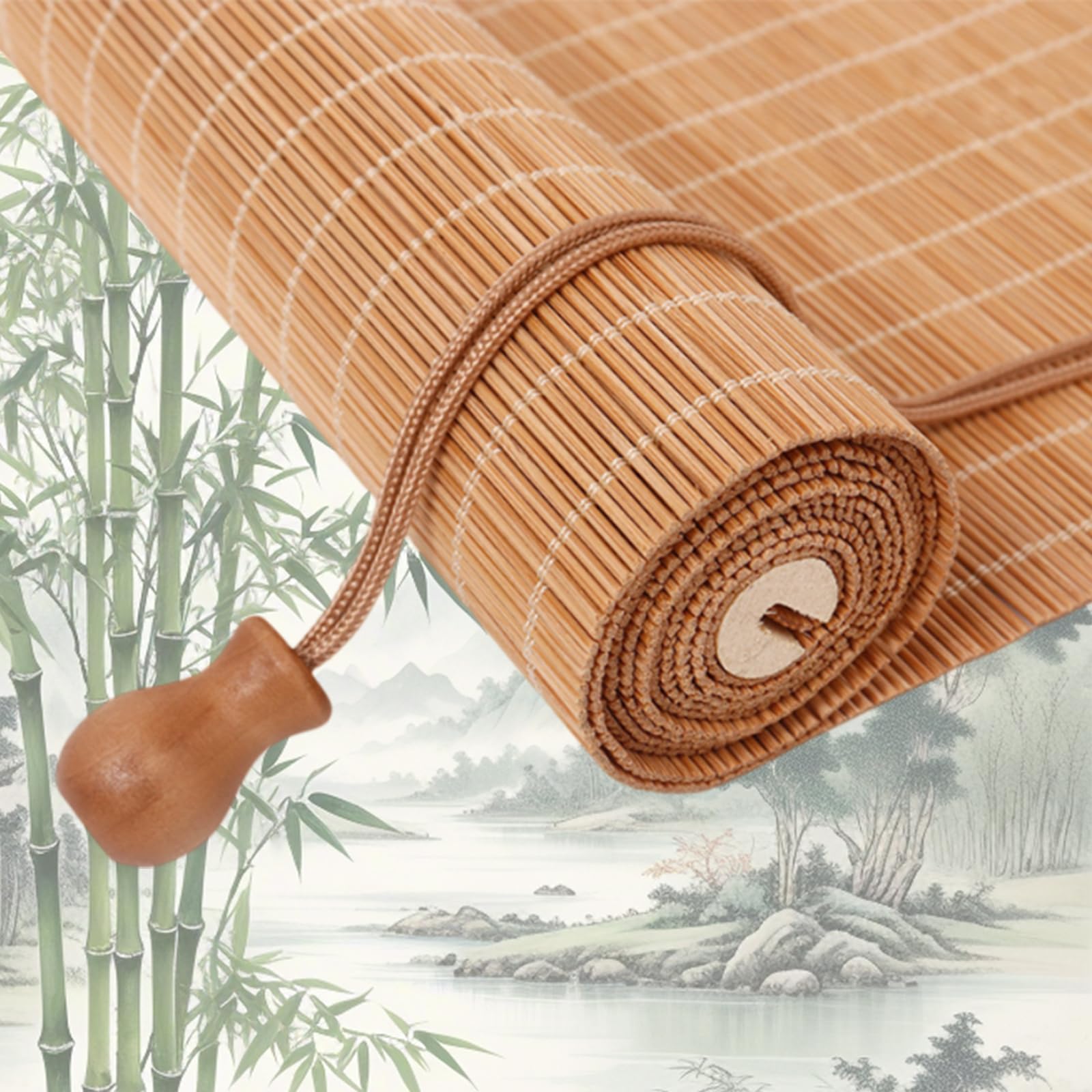Retro Bamboo Roller Blinds, Natural Wood Window Shades Blinds Anti-UV Dustproof Decorative Curtain, Screen Partition Blind, for Indoor/Outdoor/Garden — image 1