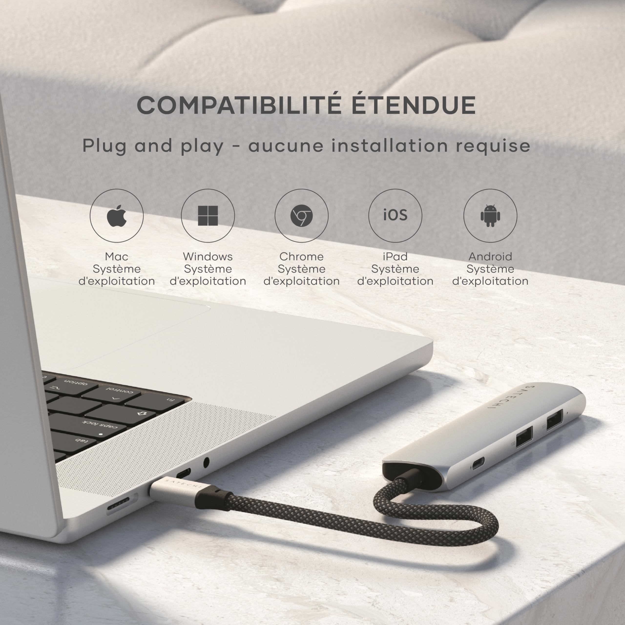 SATECHI Hub USB C 4 en 1 Slim Plus, PD 100W, HDMI 4K, Argent | 2x Ports USB-A 10Gbps, vidéo 4K@60Hz, pour MacBook Air/Pro/Neo, PC portables Windows et plus