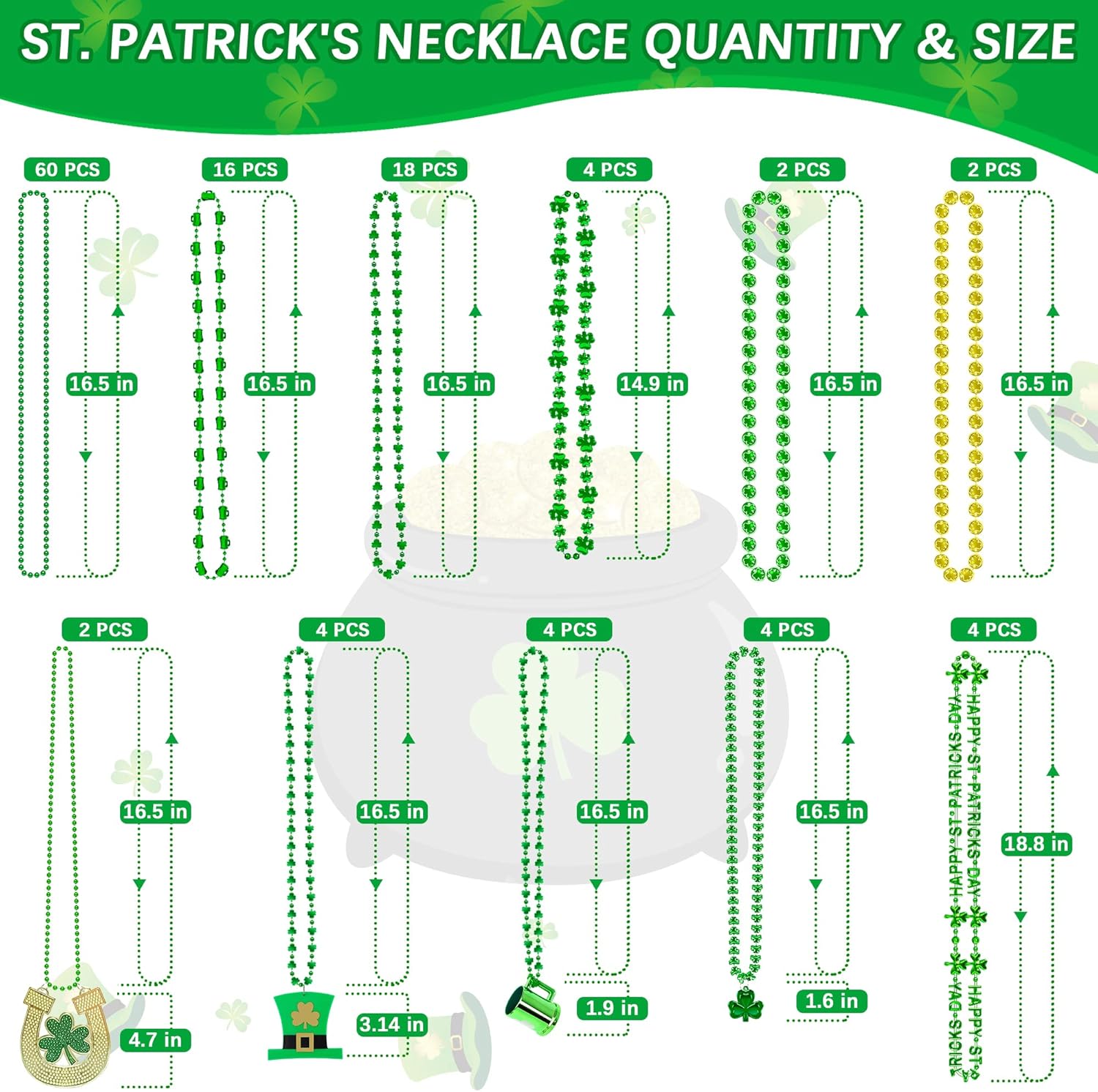 EOBOH 120PCS St Patricks Day Beads Necklace, Green 10 Kinds of St Patricks Beads, Metallic Irish Shamrock Beer Mug Coins Pendants, Adult St Patricks Necklaces Bulk for Parade Party Supplies Favors
