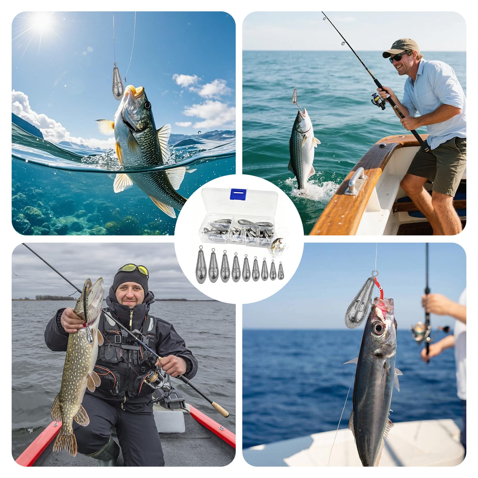 Zestaw 50 sztuk ołowianych ciężarków wędkarskich w kształcie gruszki/kropli, 9 rozmiarów, 3,5 g, 5 g, 7 g, 10 g, 15 g, 20 g, 25 g, 30 g, 40 g, ciężarki wędkarskie, sinker, ciężarki gruntowe do
