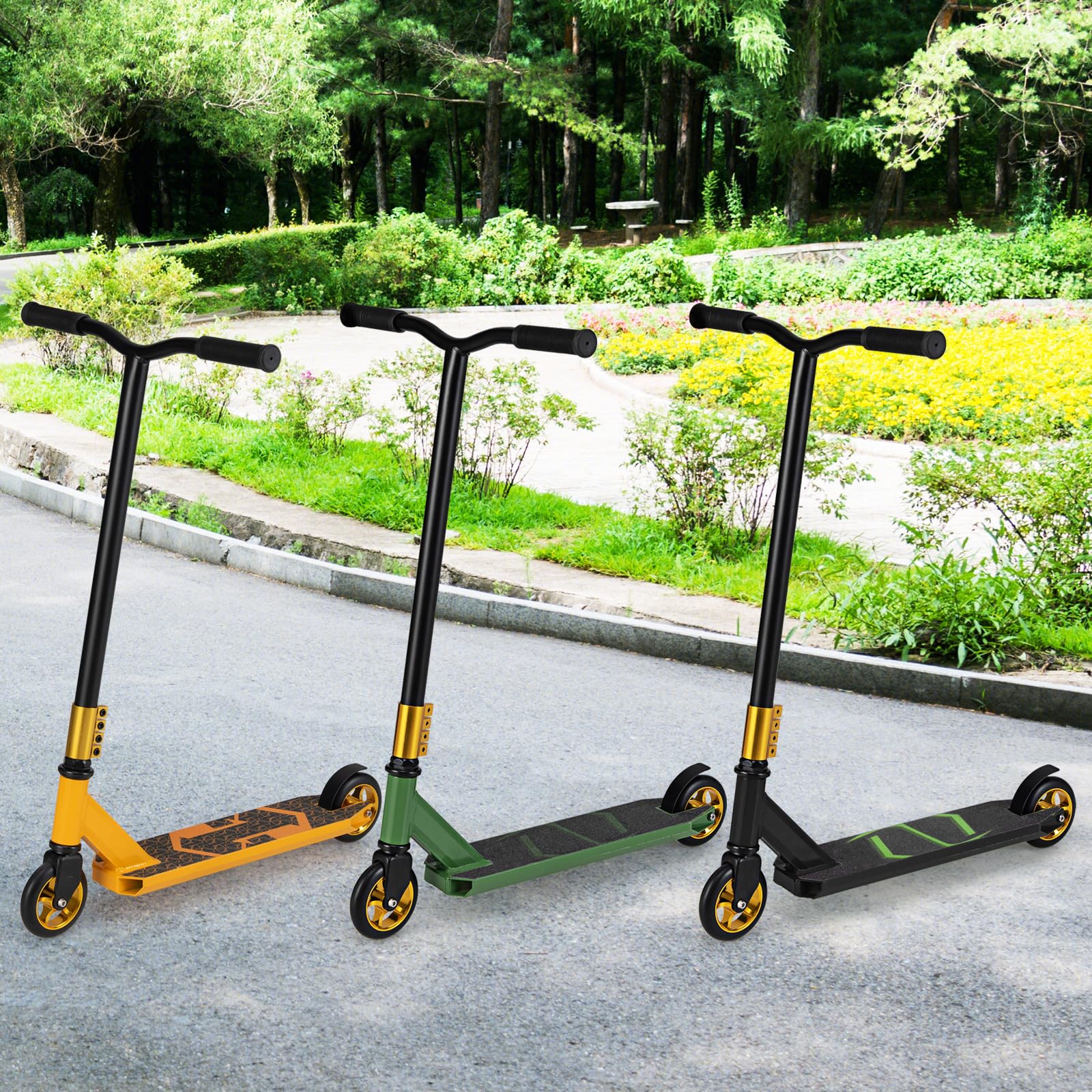 GYMAX Trottinette Freestyle Enfants 10 Ans+, Trottinette Acrobatique Pro, Barre en T en Métal Renforcée, Cadre en Métal Robuste, Plateau en Alliage Léger, Roulements ABEC-7, Capacité 100 Kg