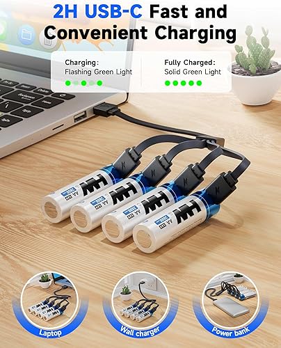 Miniatura 3 de HW Baterías AA recargables por USB, paquete de 4 baterías AA de litio de 3600 mWh, alta capacidad de larga duración, salida constante de 1.5 V,