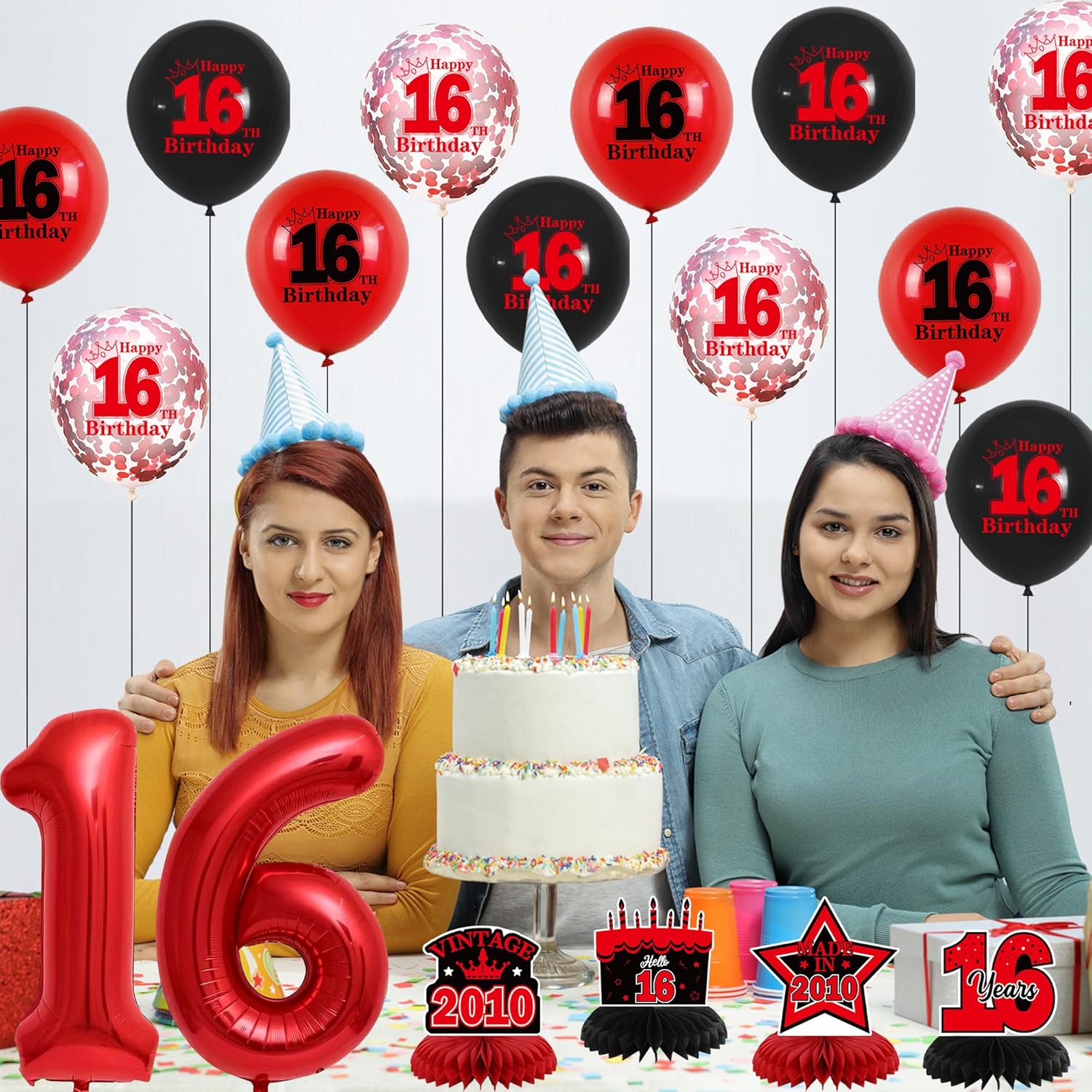 DARUNAXY 16th Birthday Party Decorations for Boys, Black Red Back in 2010 Banner, Red 16 Number Balloons & Cake Topper, Vintage 2010 Sweet 16 Birthday Honeycomb Hanging Swirl Confetti Balloons(30PC)