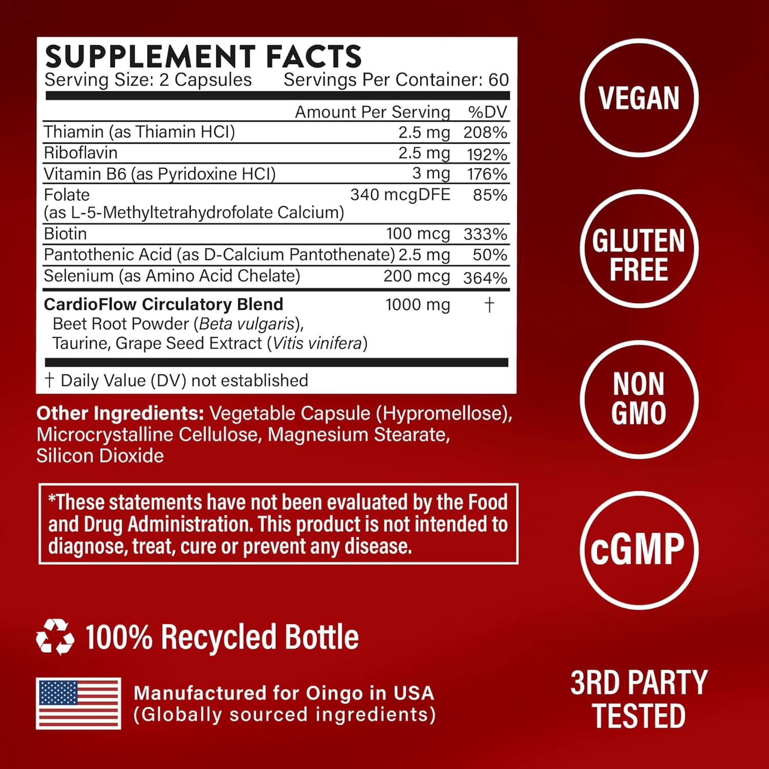 Cardio Care + Heart Health Formula — Nitric Oxide Booster with Beet Root Powder, Grape Seed Extract, Taurine, B Vitamins for Blood Flow & Blood Pressure Support, Gluten Free, 120 Veggie Capsules - Image 4